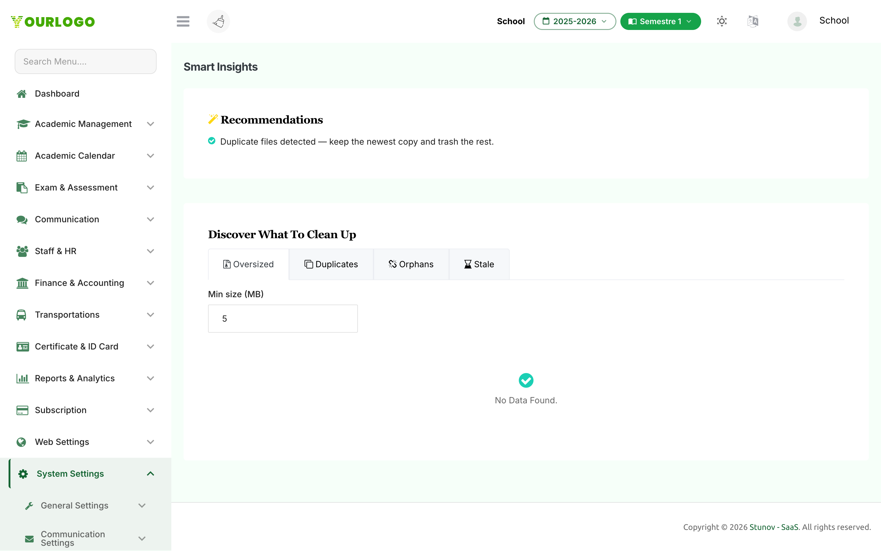 Smart Insights page with recommendations and tabs for oversized, duplicate, orphan, and stale files