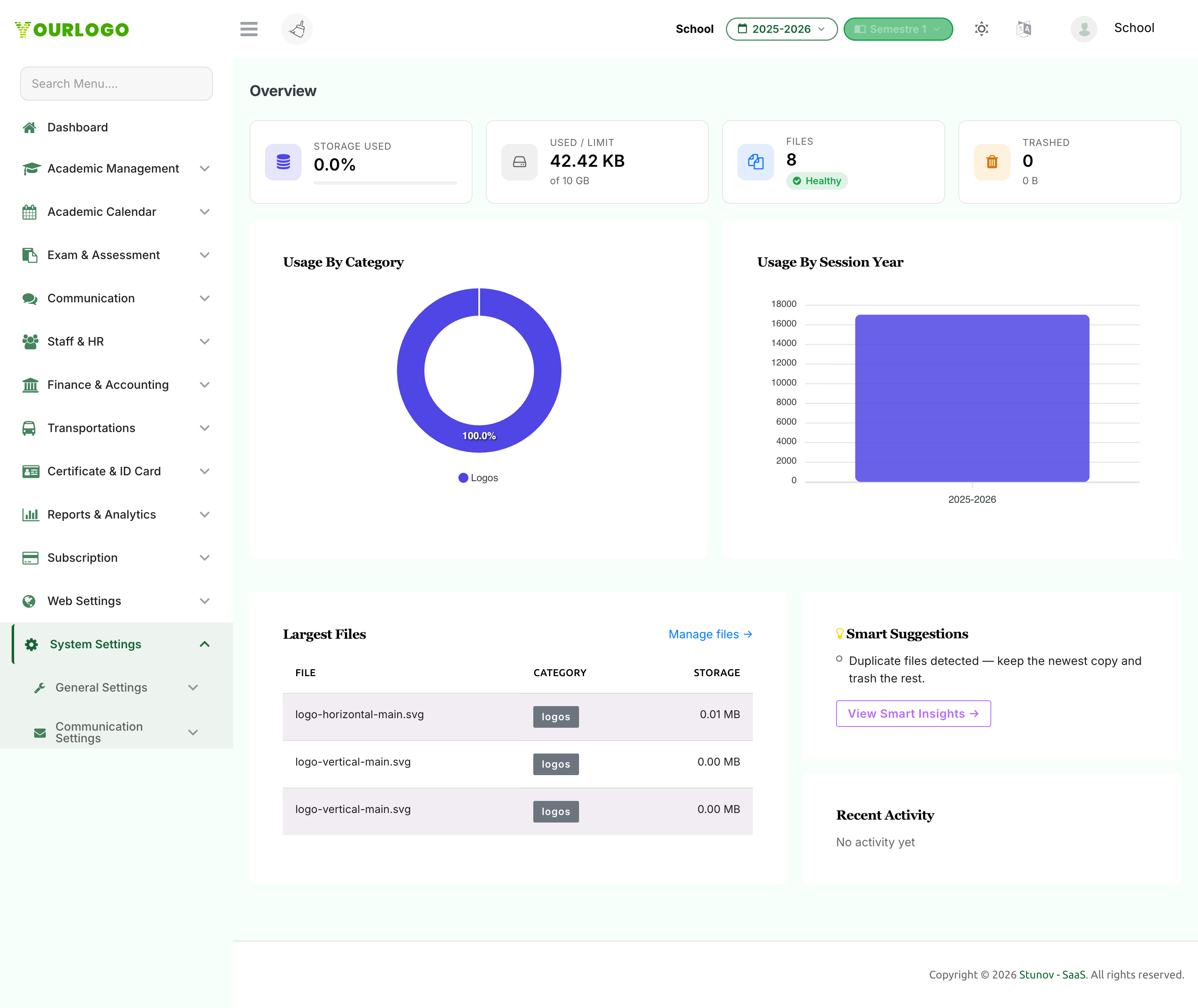 Storage Overview dashboard with usage charts, largest files, and suggestions