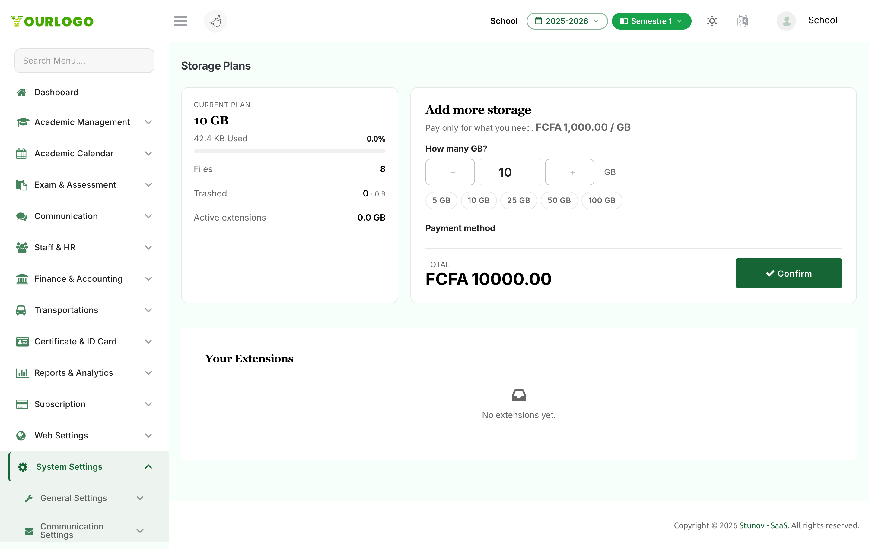 Storage Plans page with current usage and the add-storage form