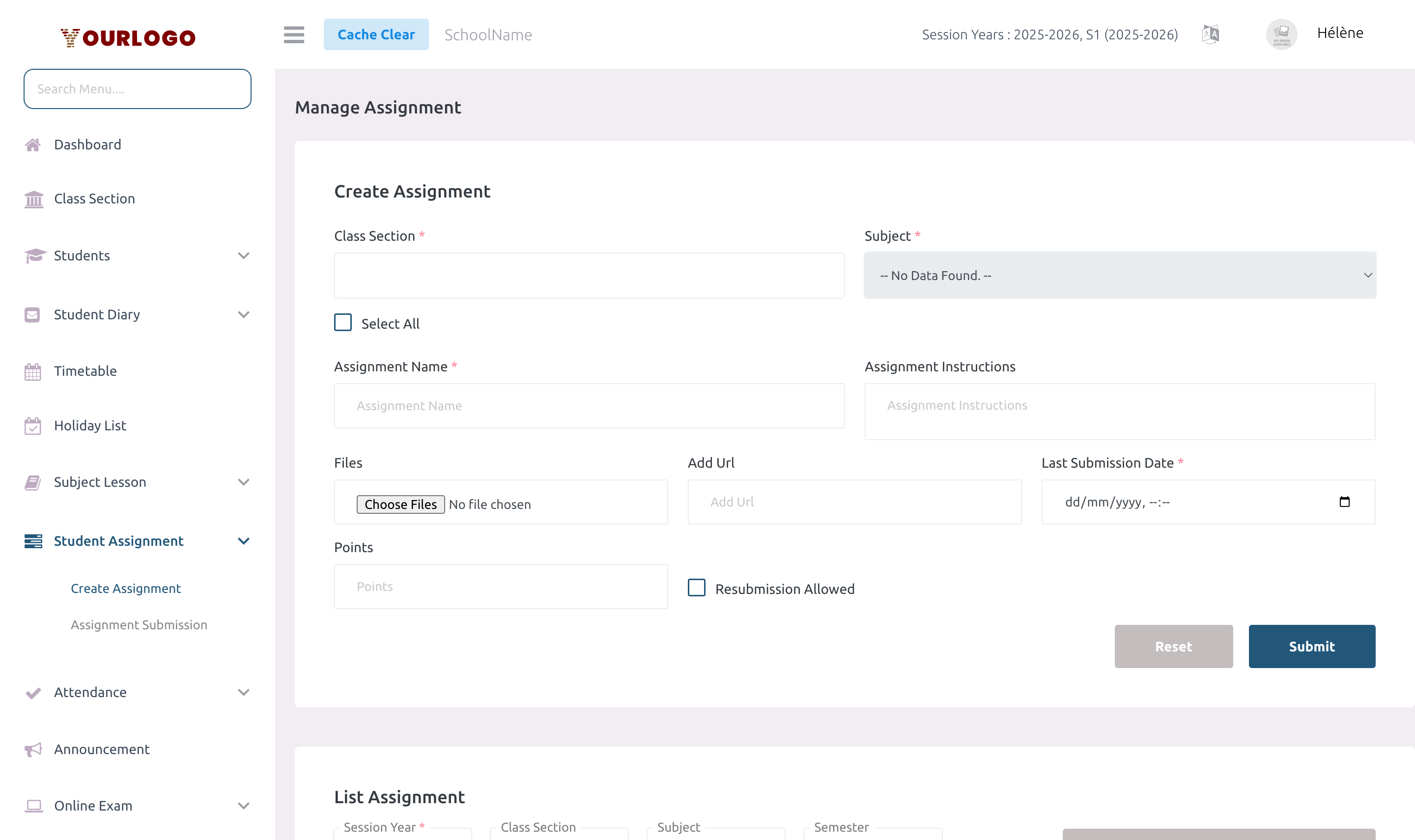 Full assignment page showing the create form at top and assignment list below