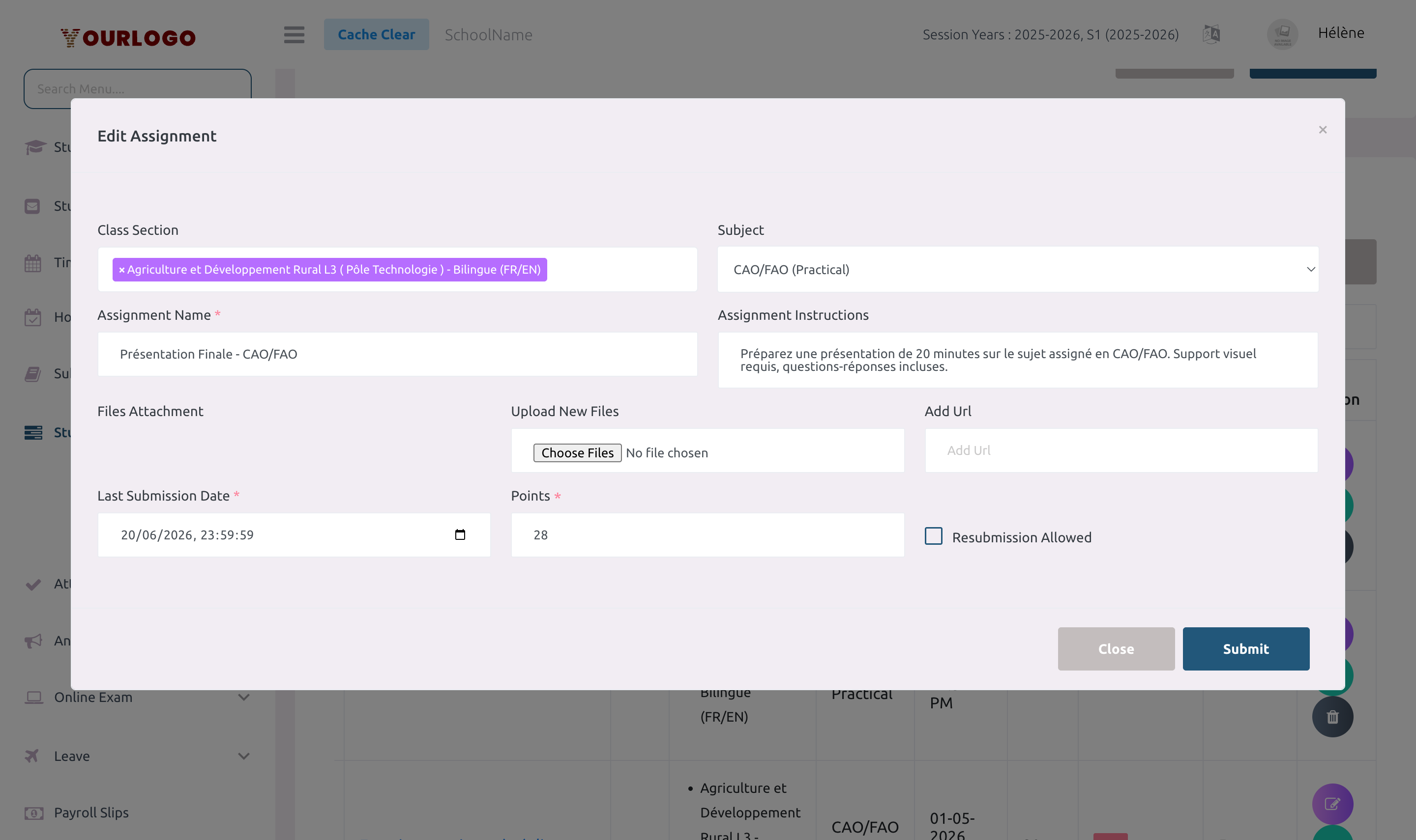 Edit assignment modal dialog with pre-filled form fields
