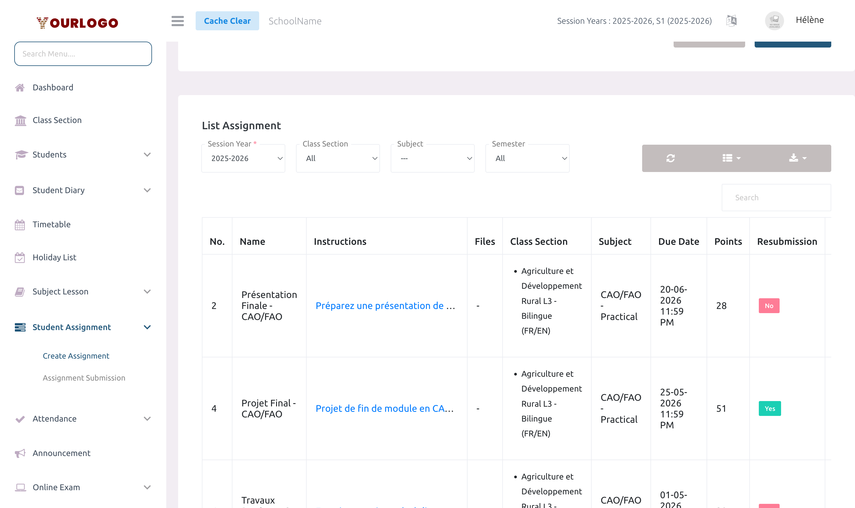 Assignment list table showing assignments with action buttons for edit, view submissions, and delete