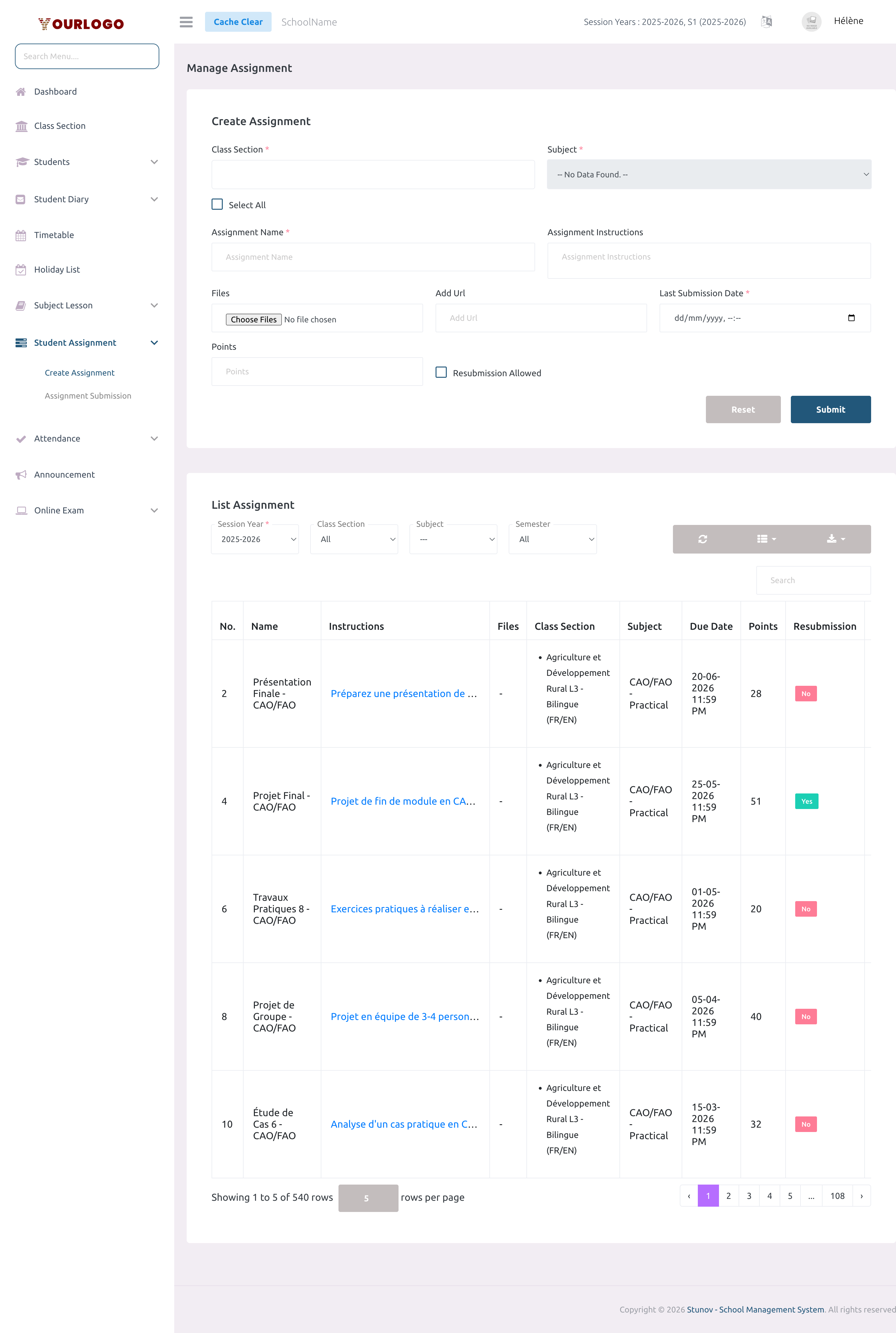 Assignment management page showing the create form and list table