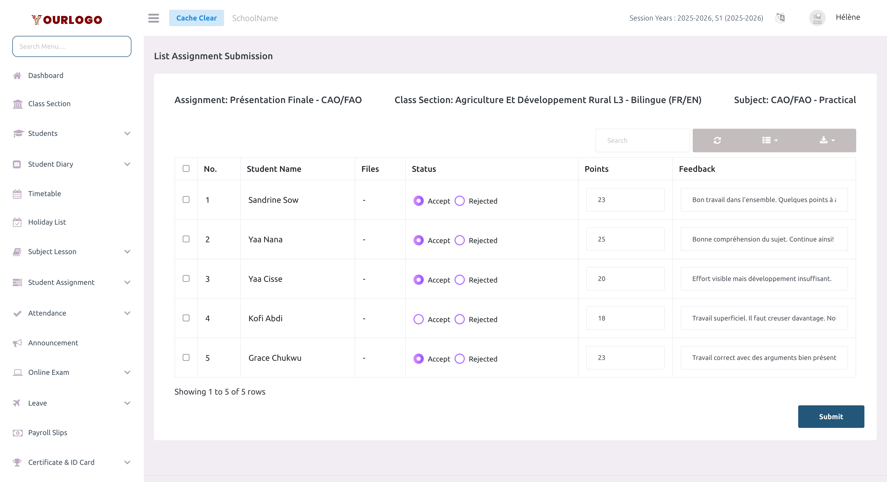 Submission details page showing all student submissions for a specific assignment with grading controls