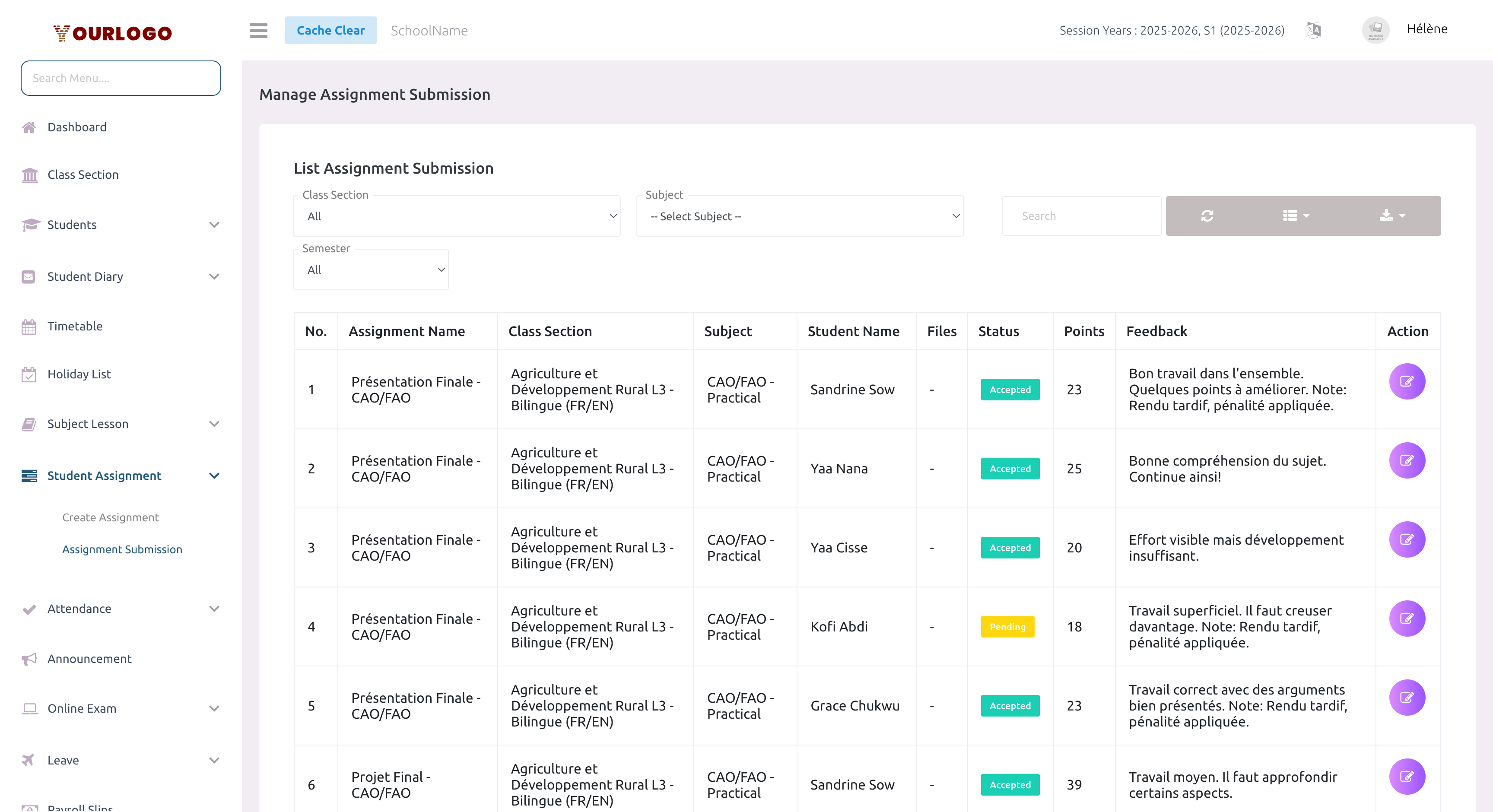 Assignment submission list showing submissions with student names, statuses, points, and feedback