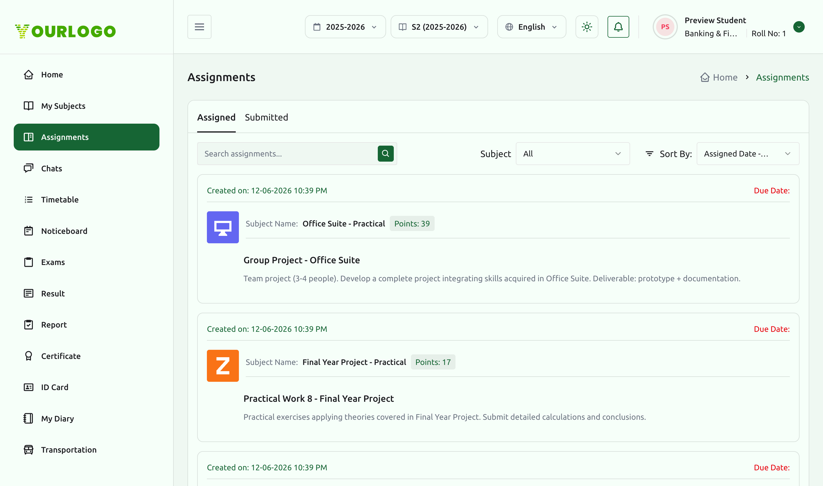 Assignments list on the Assigned tab with subject filter, search, sort, and assignment cards
