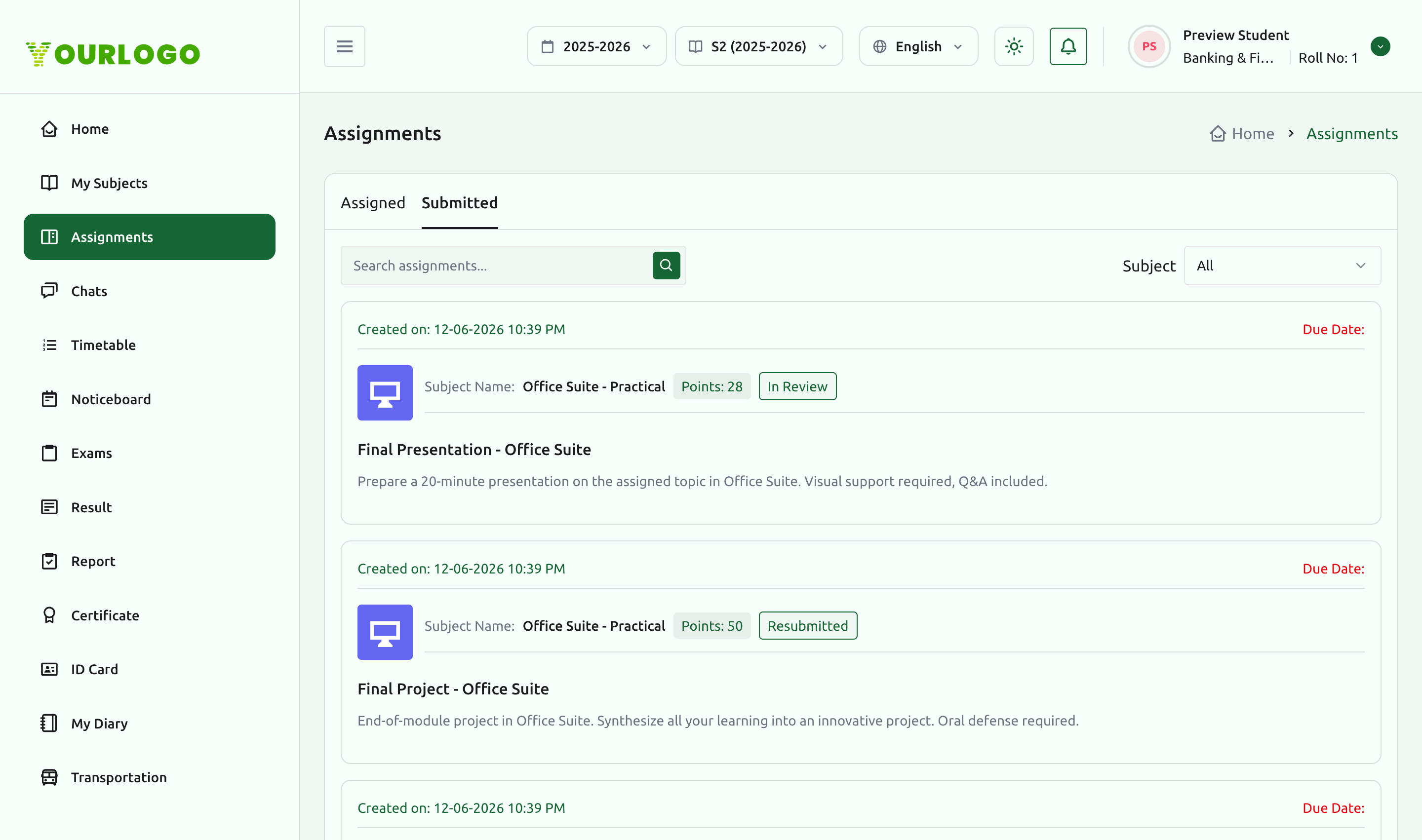 Submitted tab listing submitted assignments with points and an In Review status