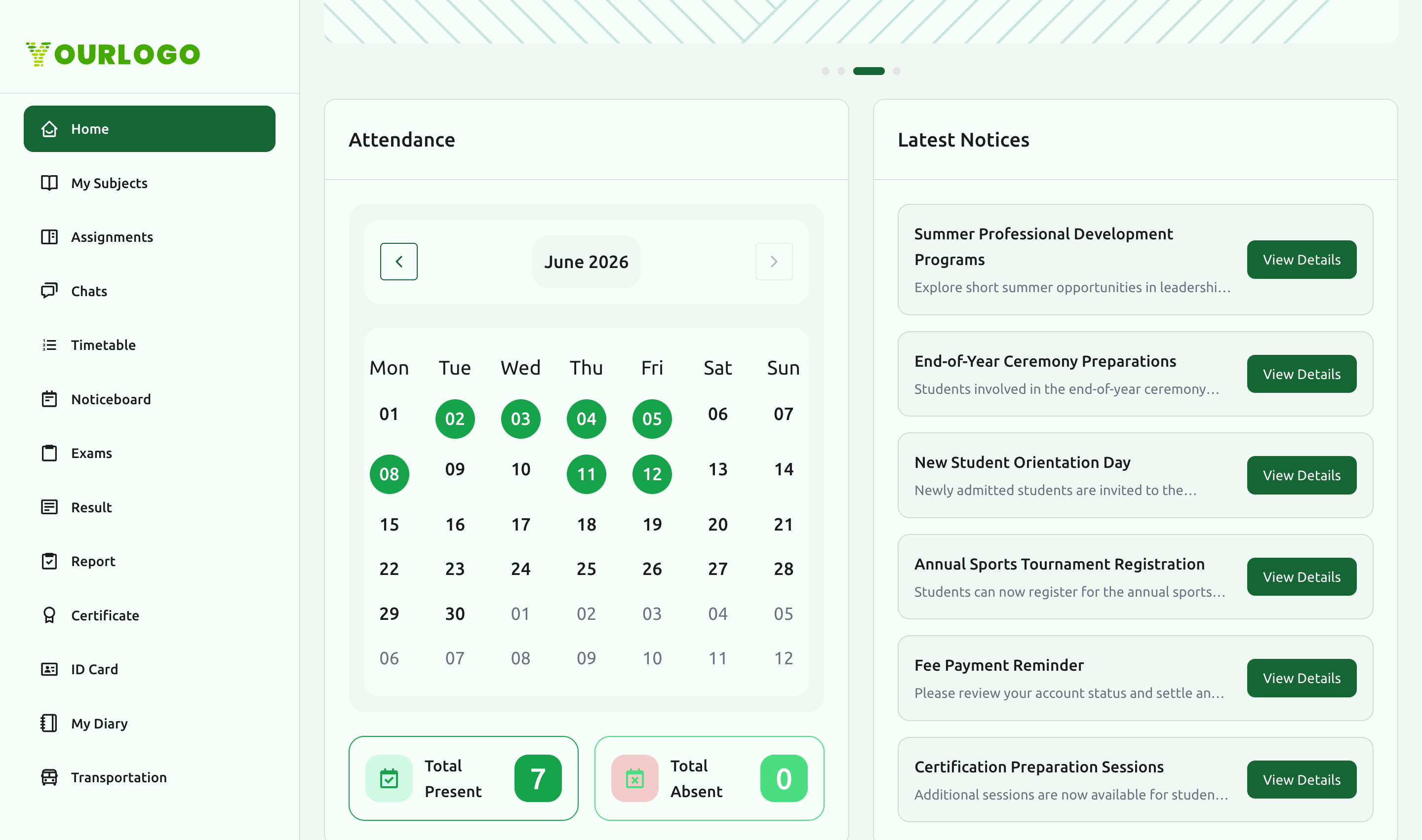 Dashboard attendance calendar with present and absent totals