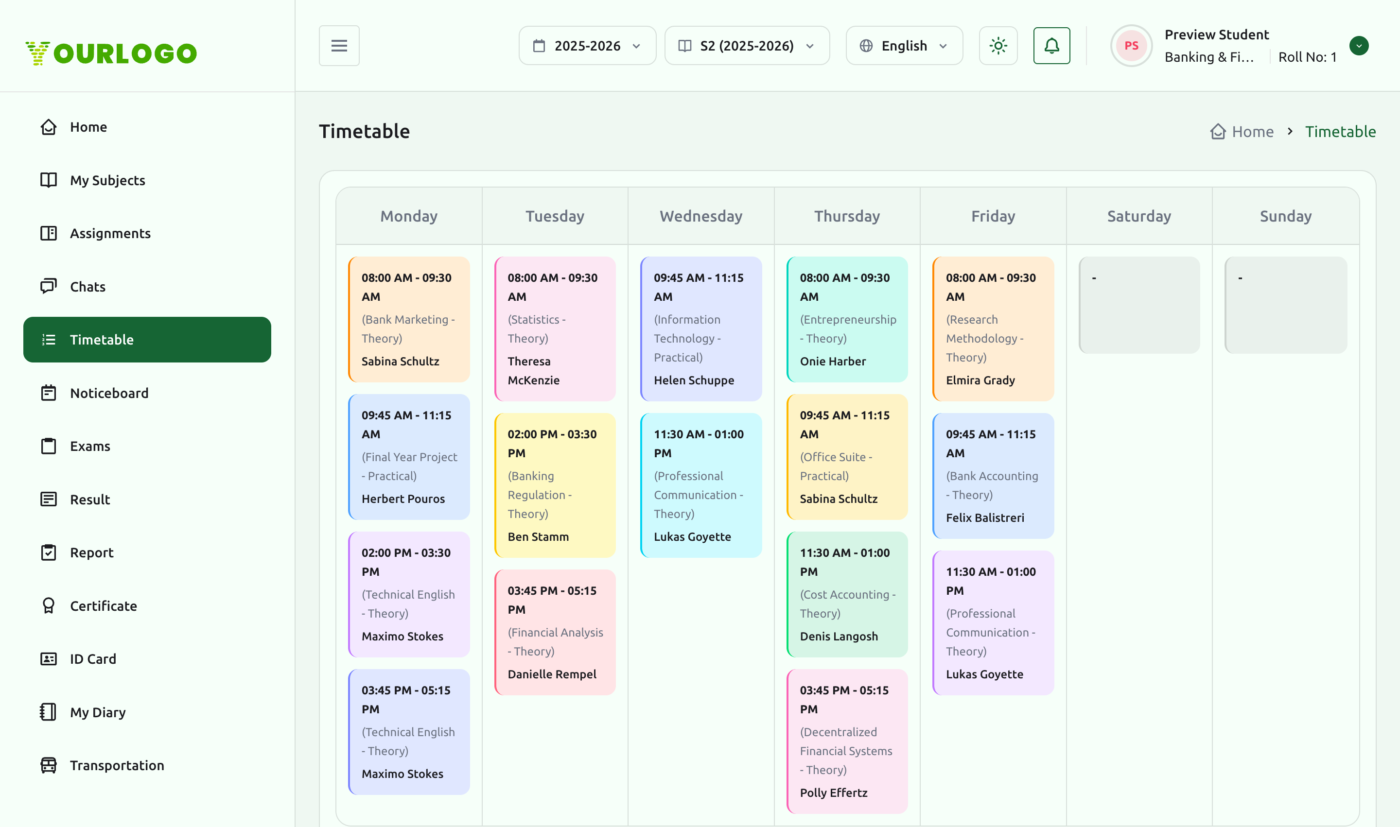 Weekly timetable grid from Monday to Sunday with color-coded subject periods and teachers