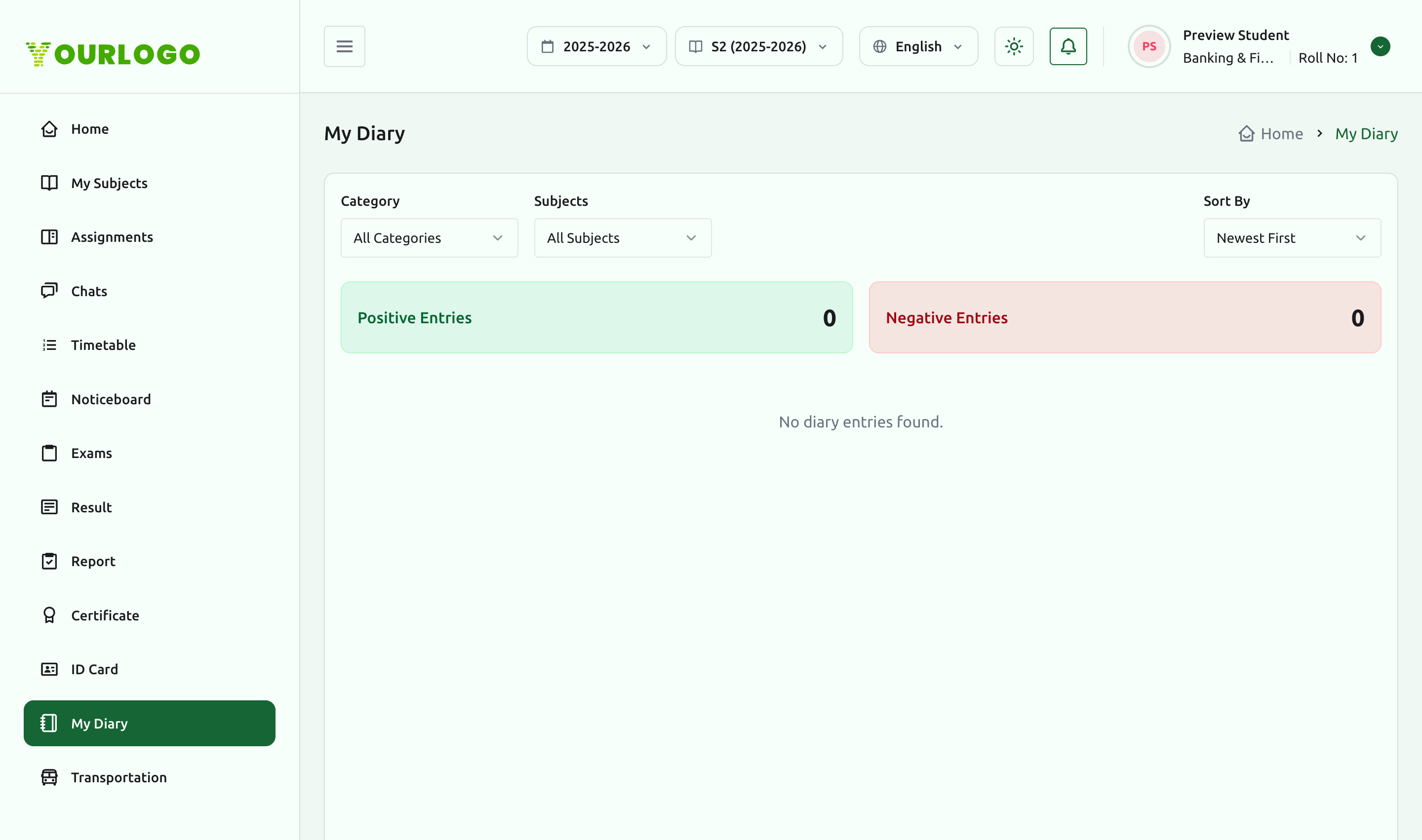My Diary page with category and subject filters, sort control, and positive/negative entry counts