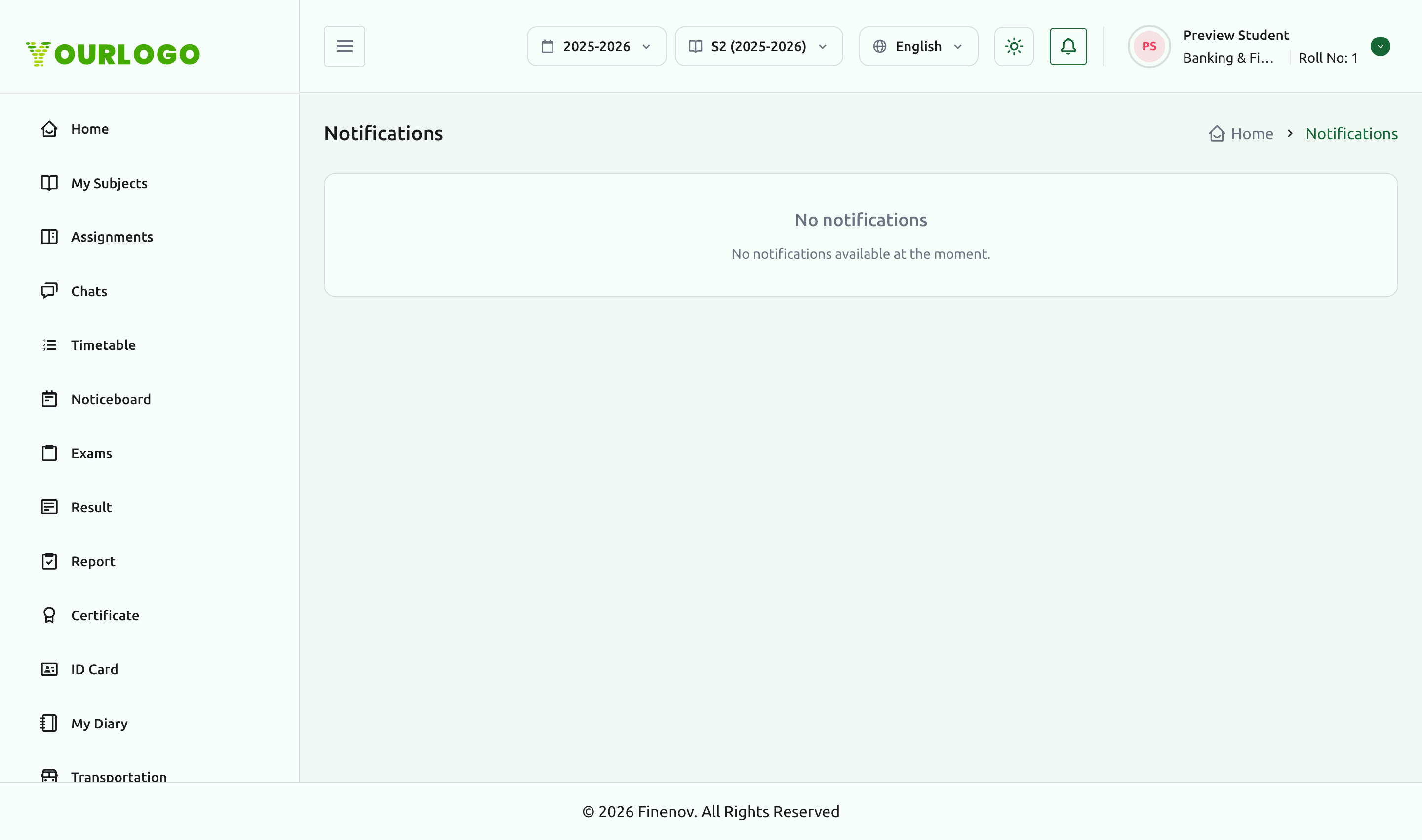 Notifications page showing the empty state when there are no notifications