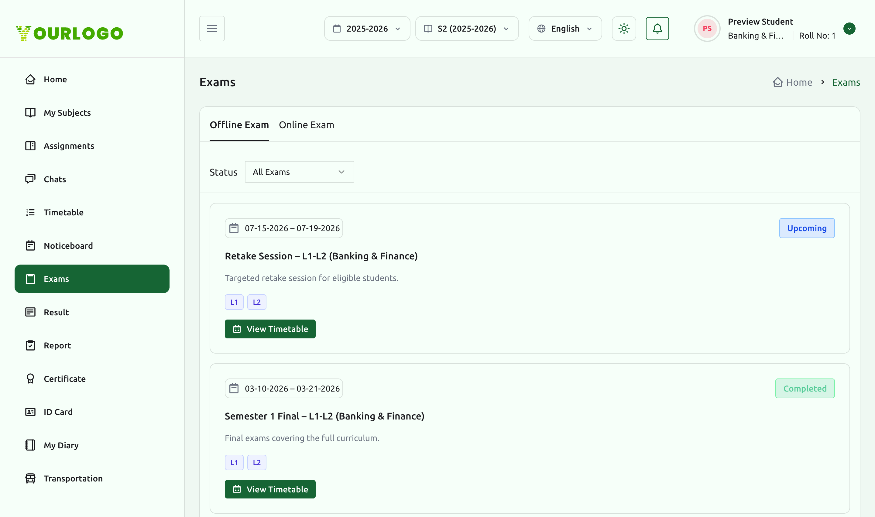 Offline Exam tab with exam cards showing date ranges, status, and View Timetable