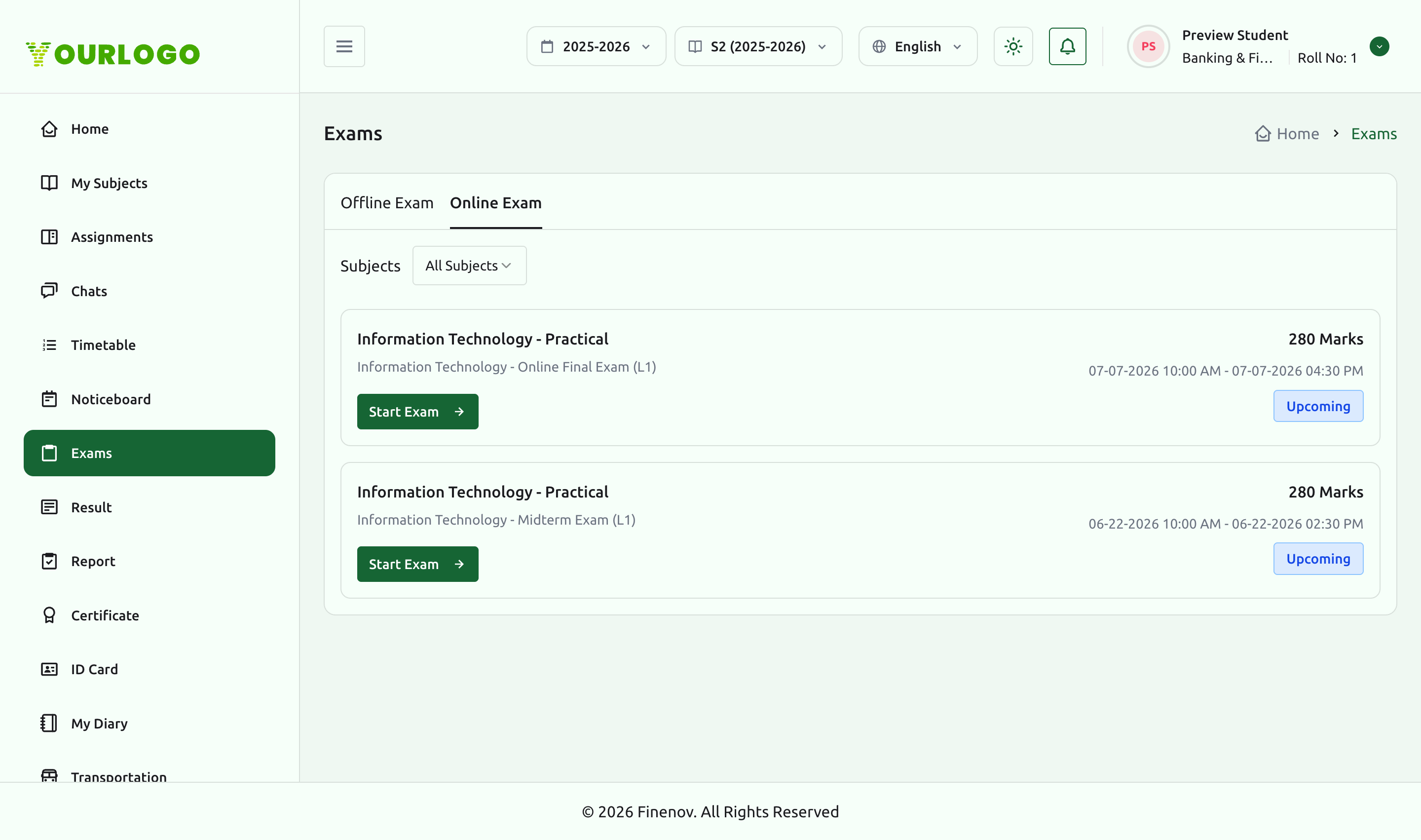 Online Exam tab with online exam cards showing marks, schedule window, and Start Exam