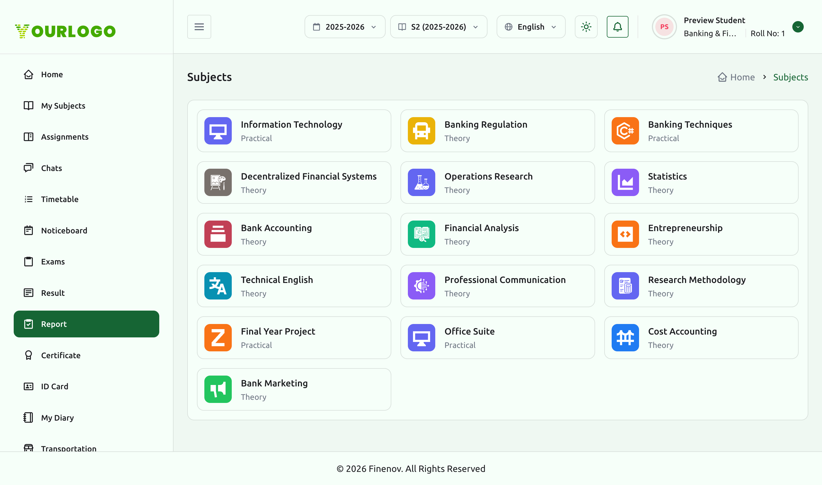 Report page listing subjects to open a consolidated performance report