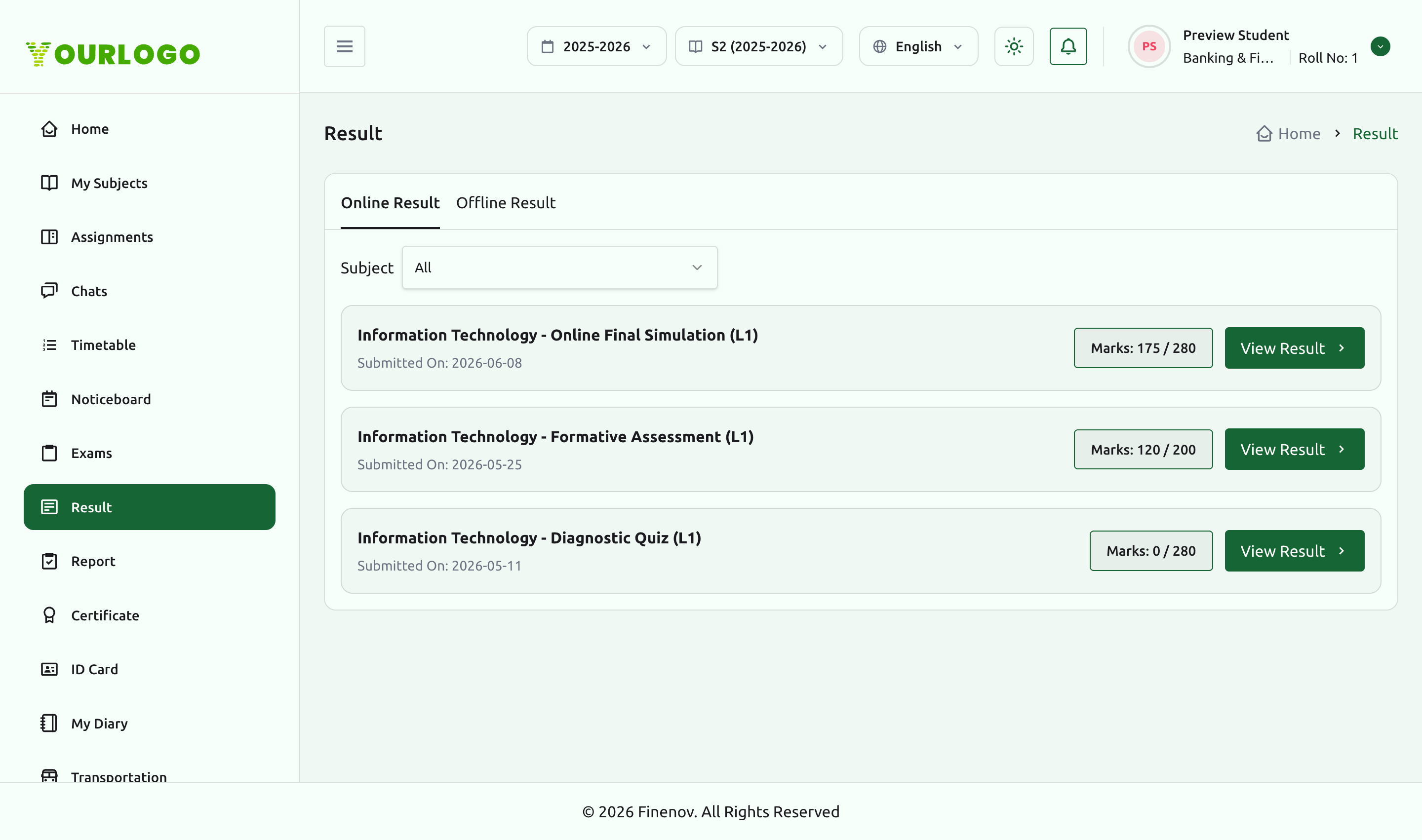 Result page Online Result tab listing assessments with marks and View Result