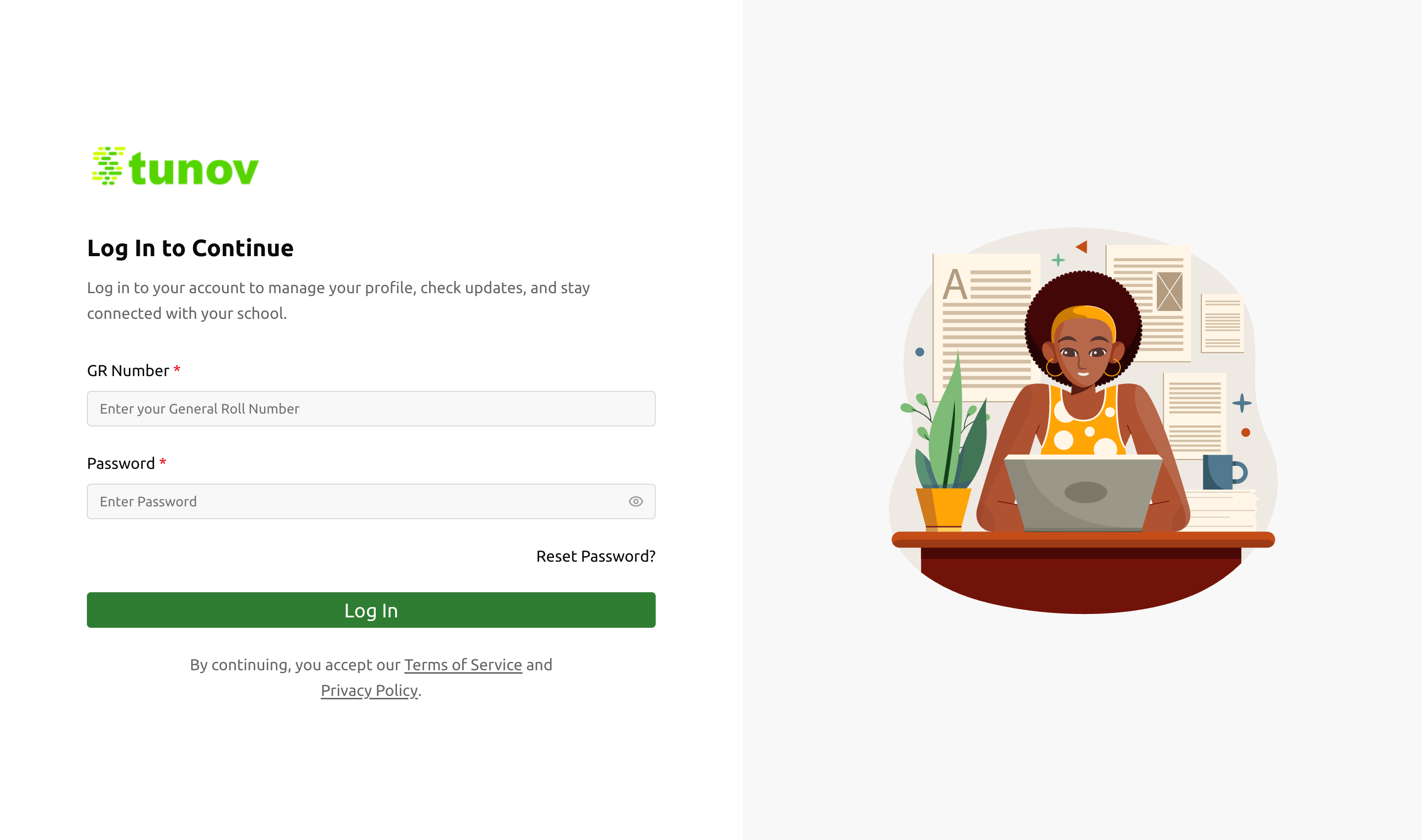 Student portal login screen with GR Number and Password fields