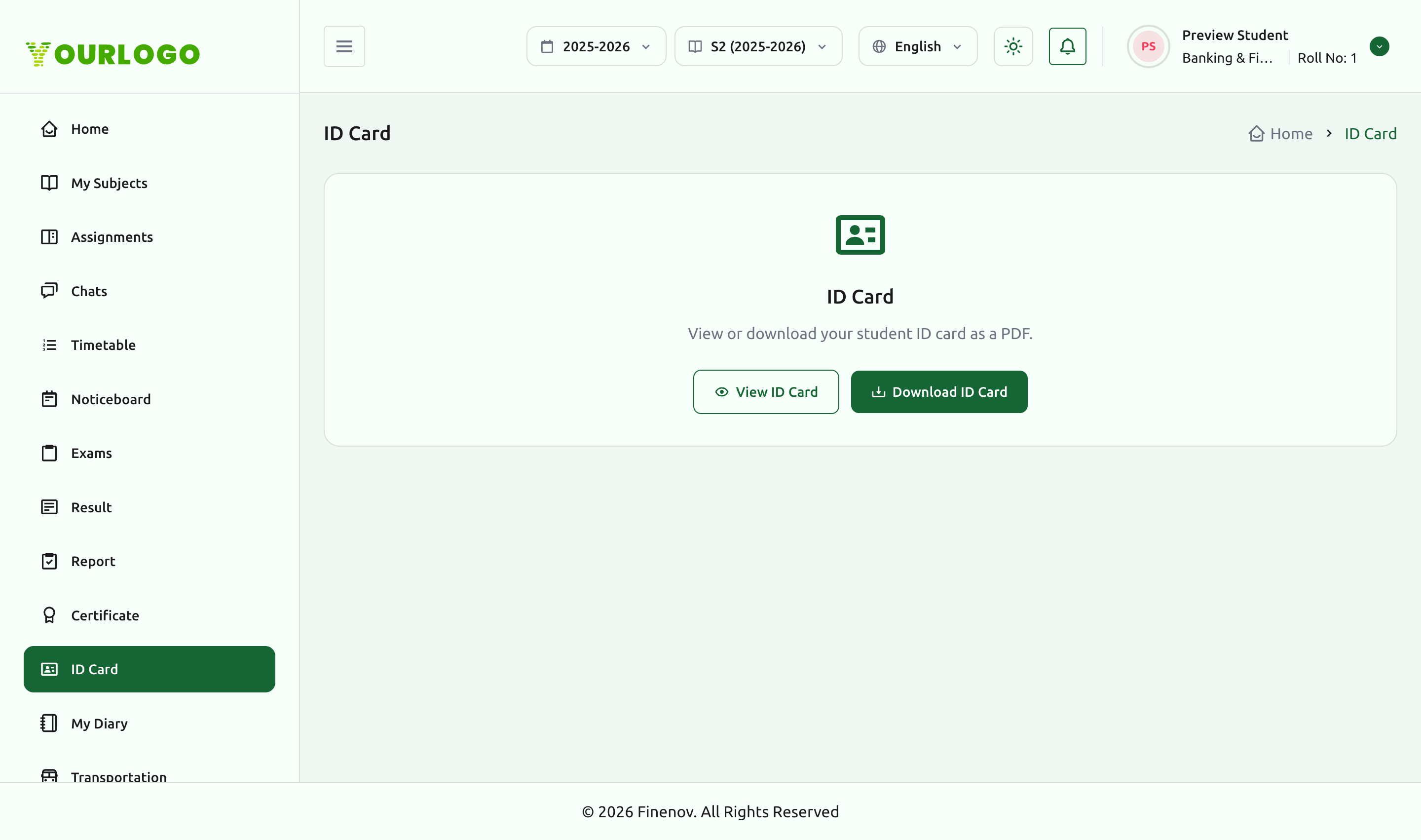 ID Card page with View ID Card and Download ID Card actions