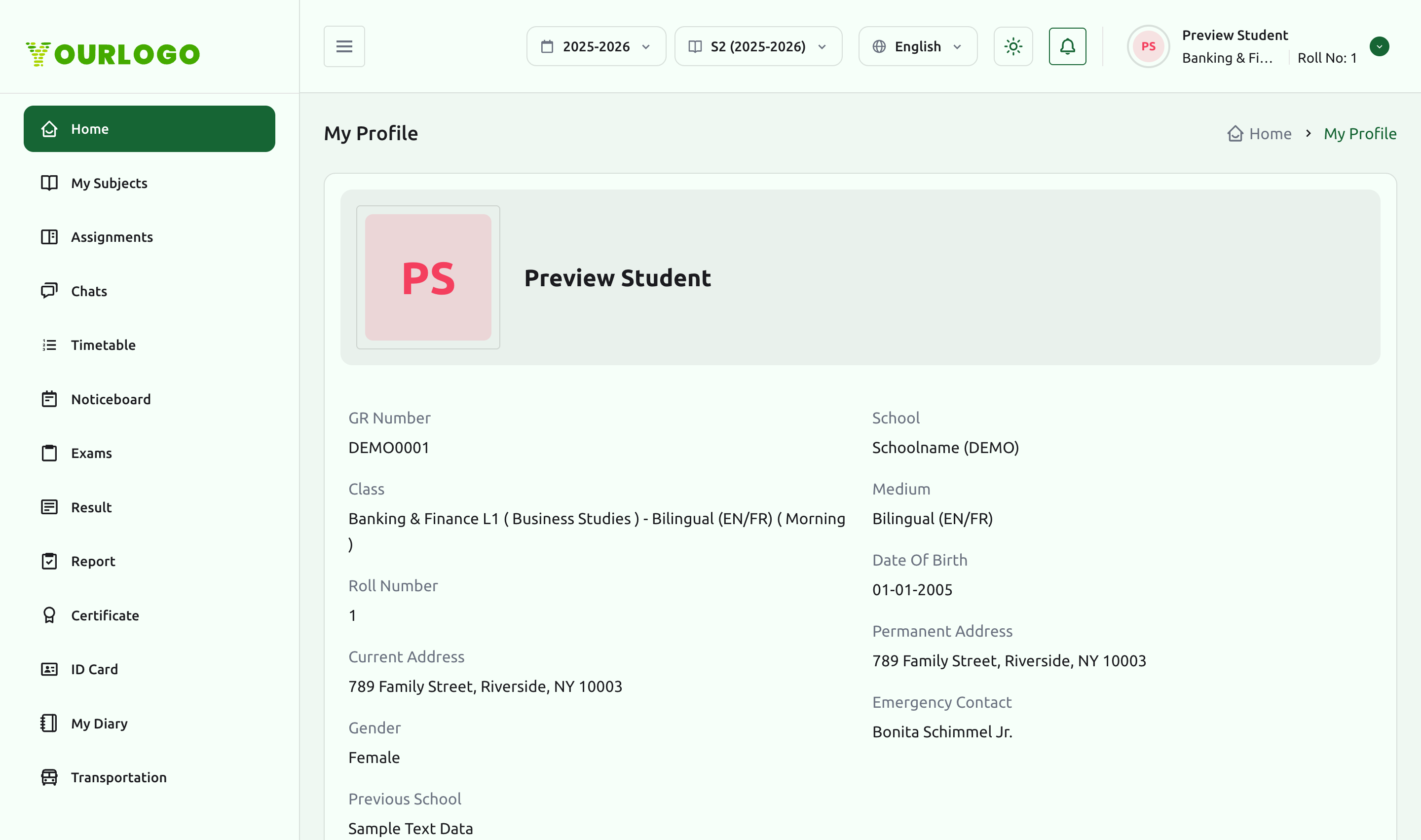 My Profile page showing student photo, GR Number, class, roll number, and personal details
