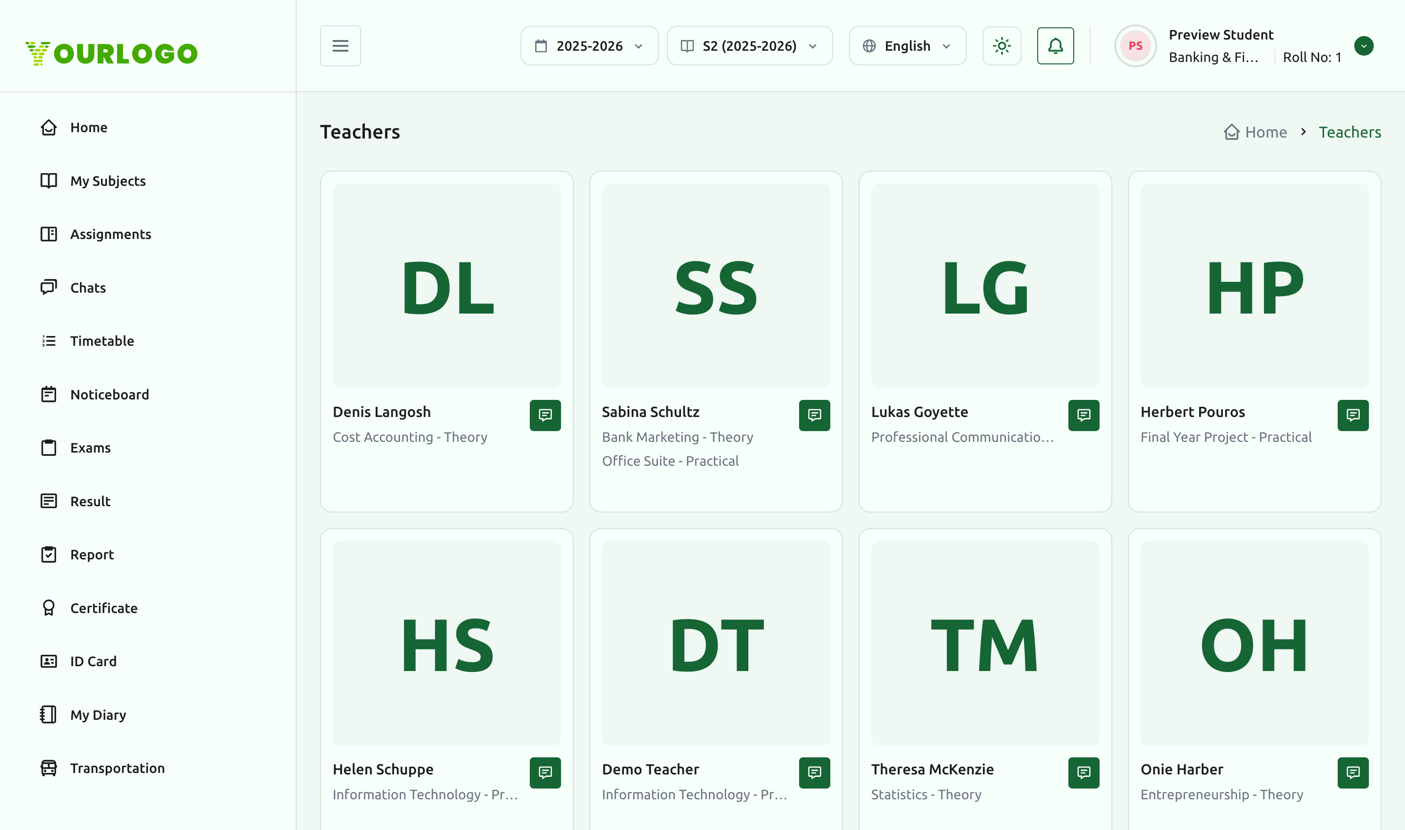 Teachers directory listing teachers with the subjects they teach
