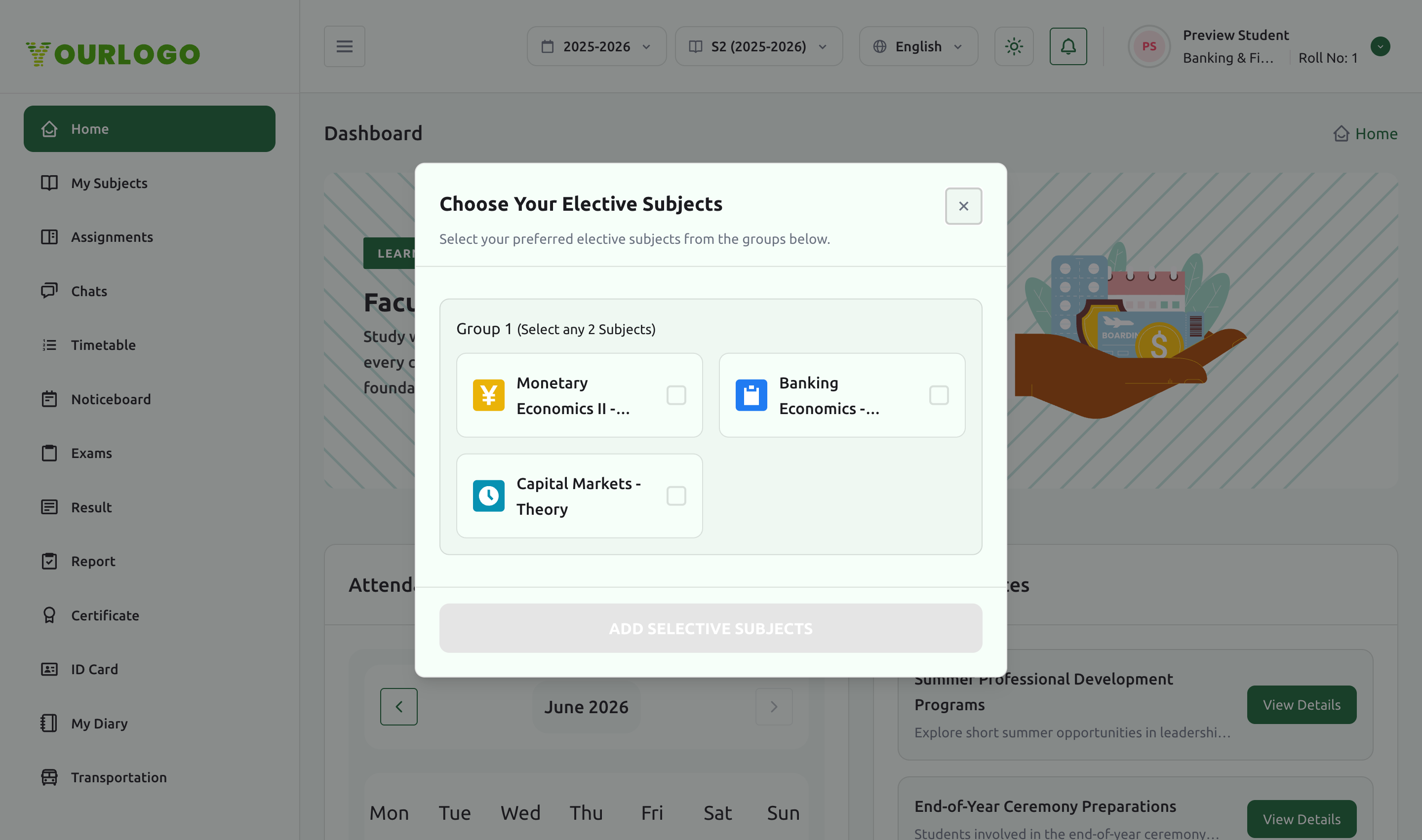 Choose Your Elective Subjects dialog with subject groups and selectable options