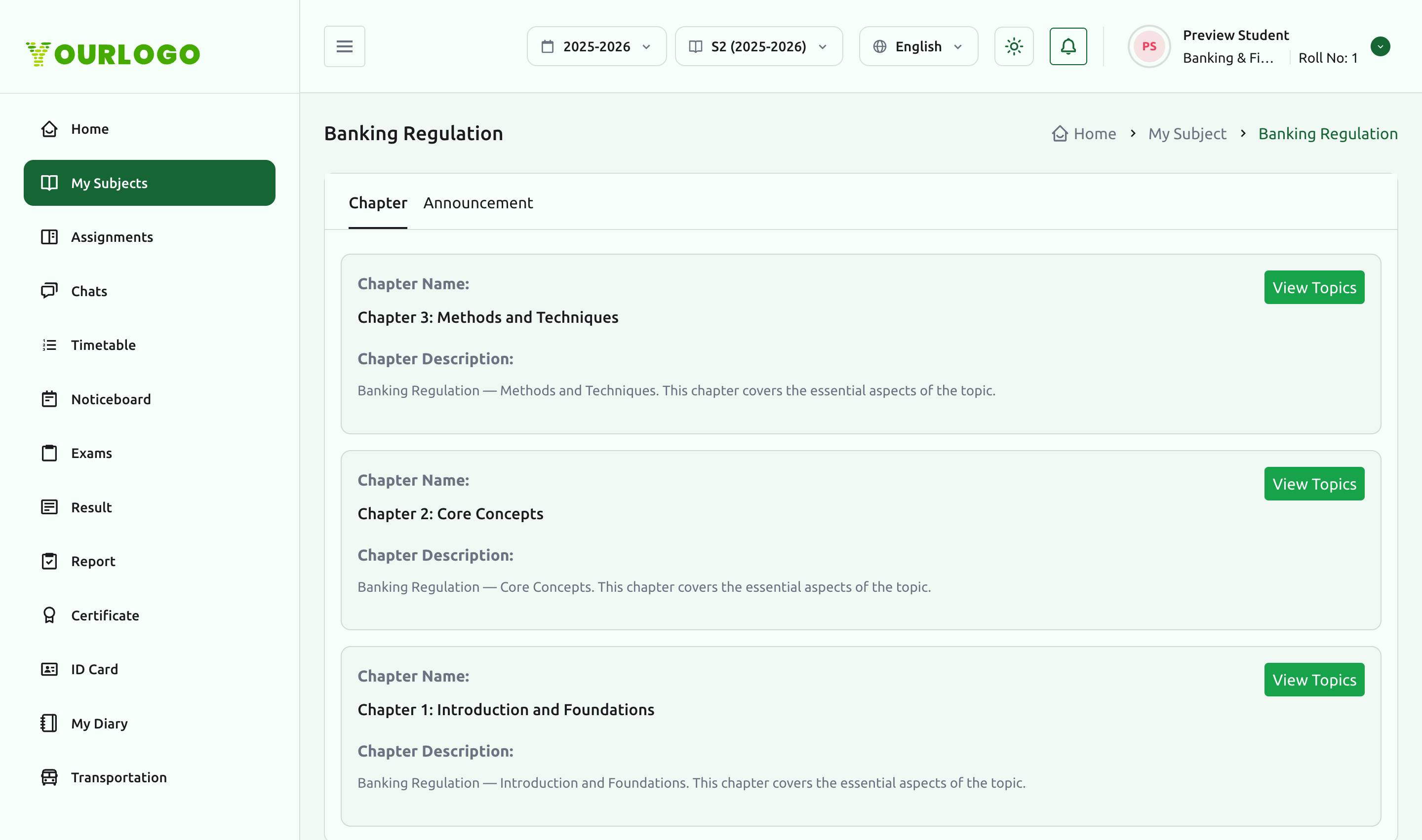 Subject detail page listing chapters with descriptions and View Topics buttons