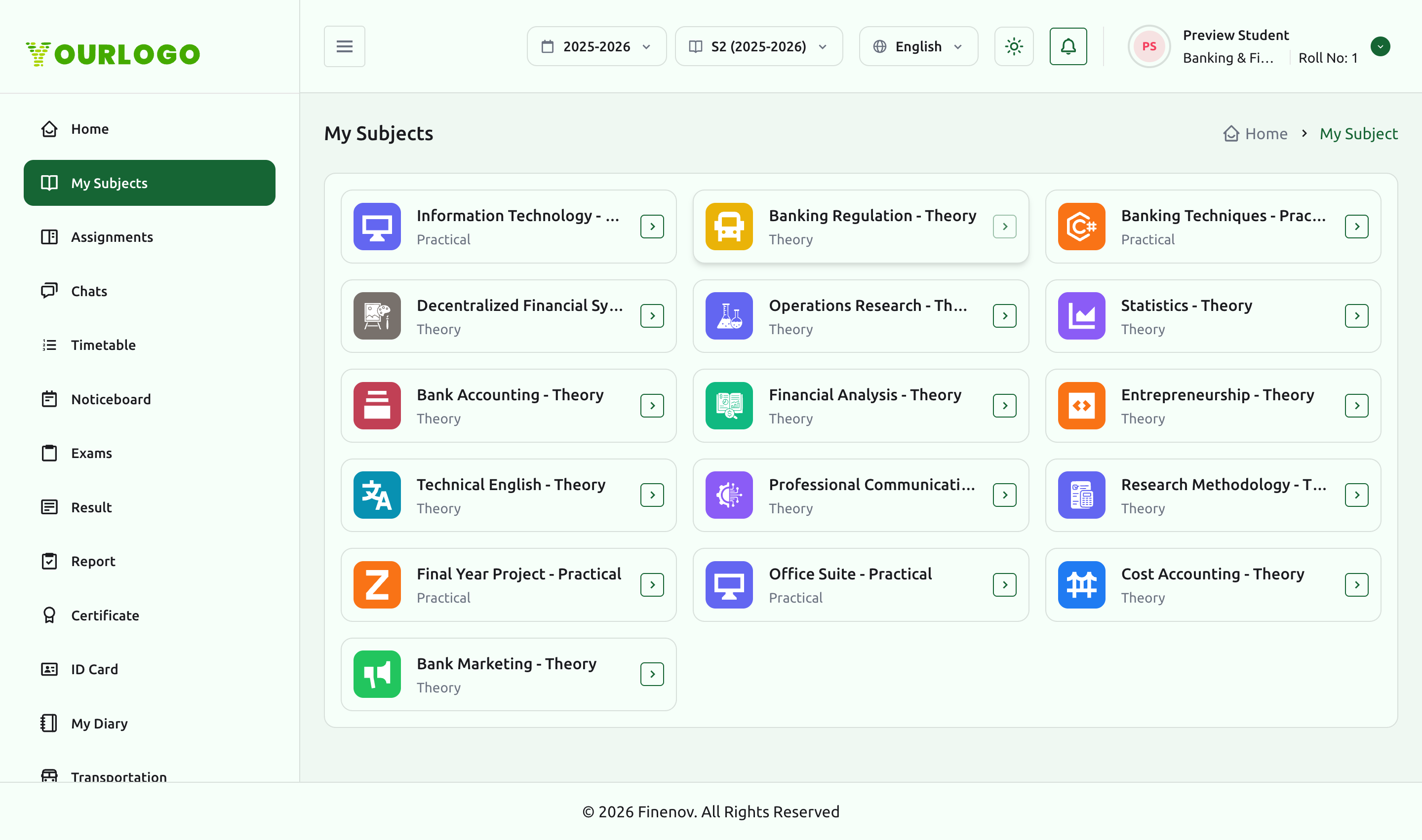 Student portal My Subjects grid showing subject cards with icons and Theory/Practical type