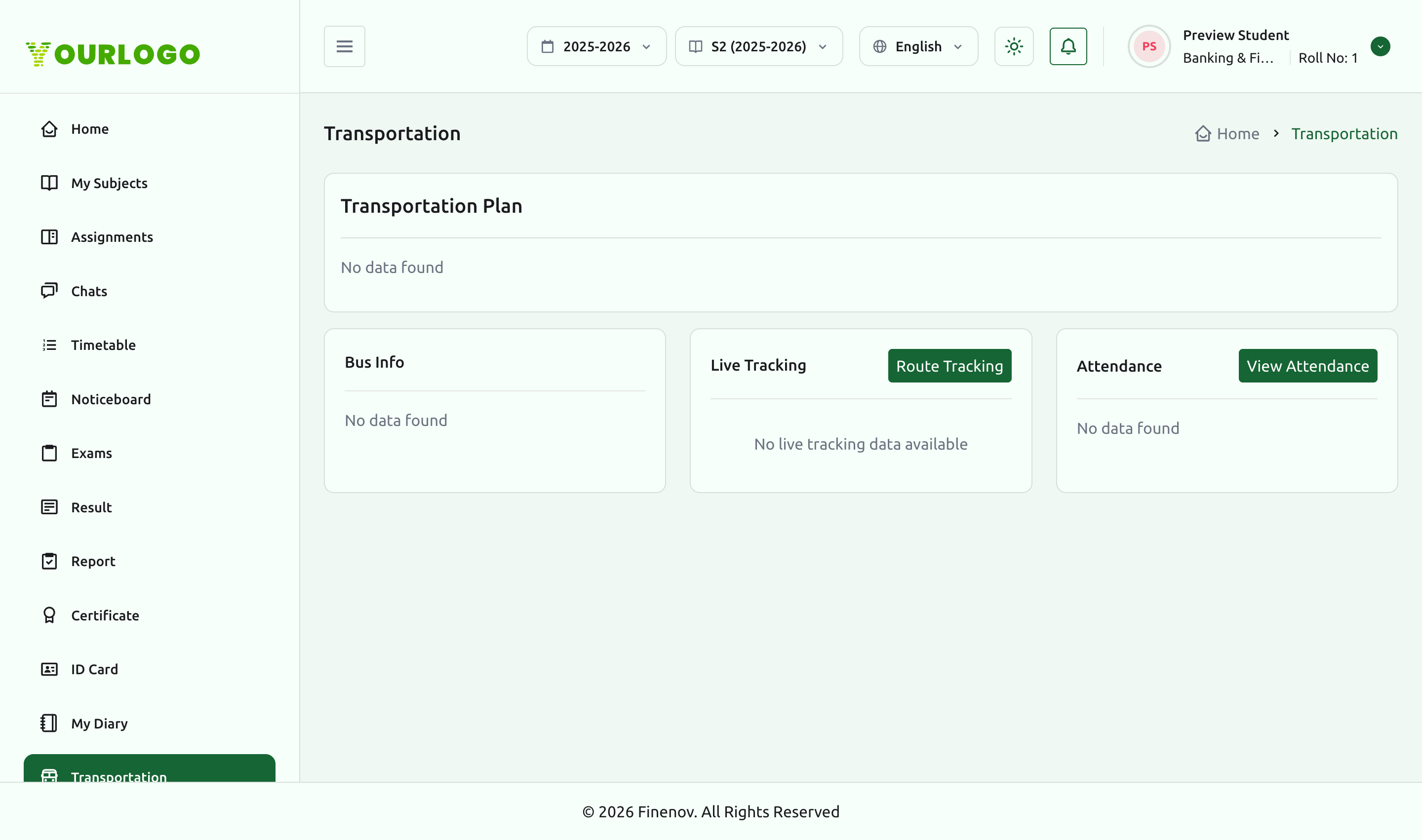 Transportation page with Transportation Plan, Bus Info, Live Tracking, and Attendance panels