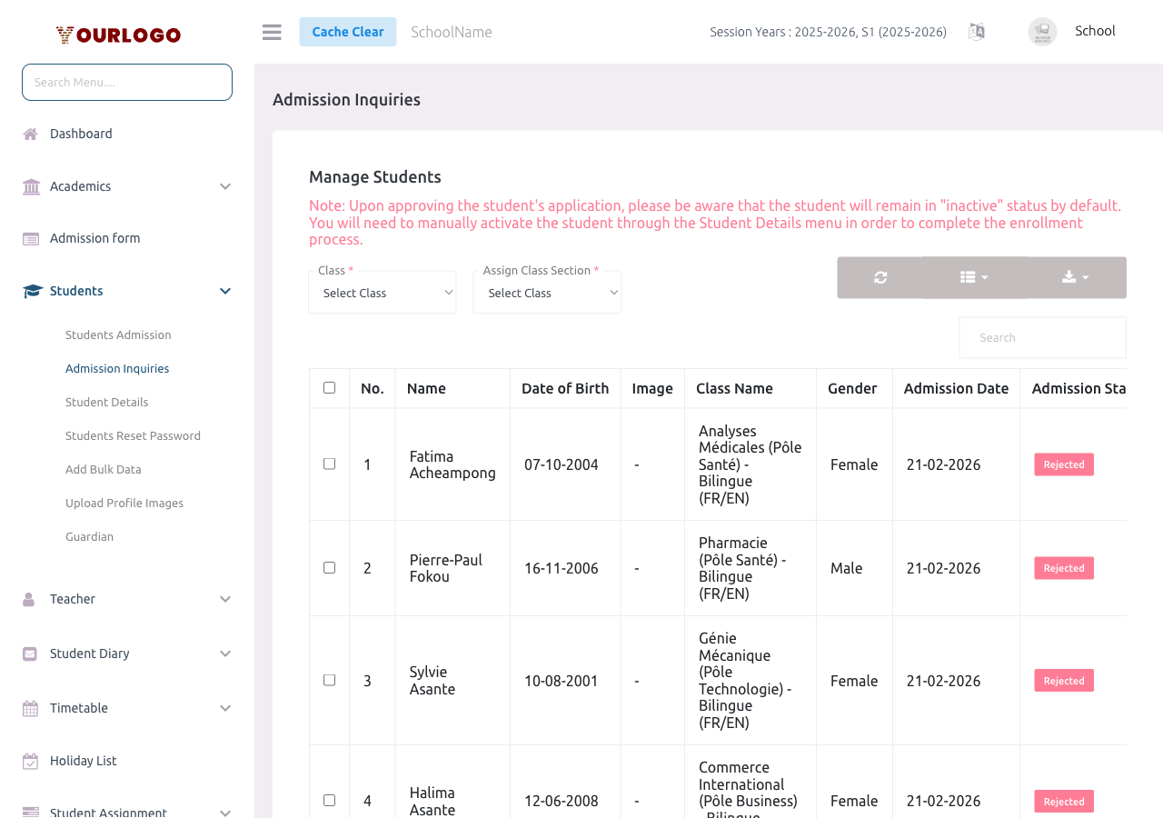 Admission inquiries page showing pending applications table with approve and reject buttons