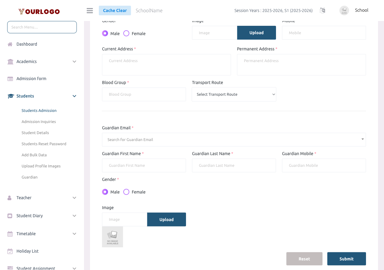 Student details section of the admission form