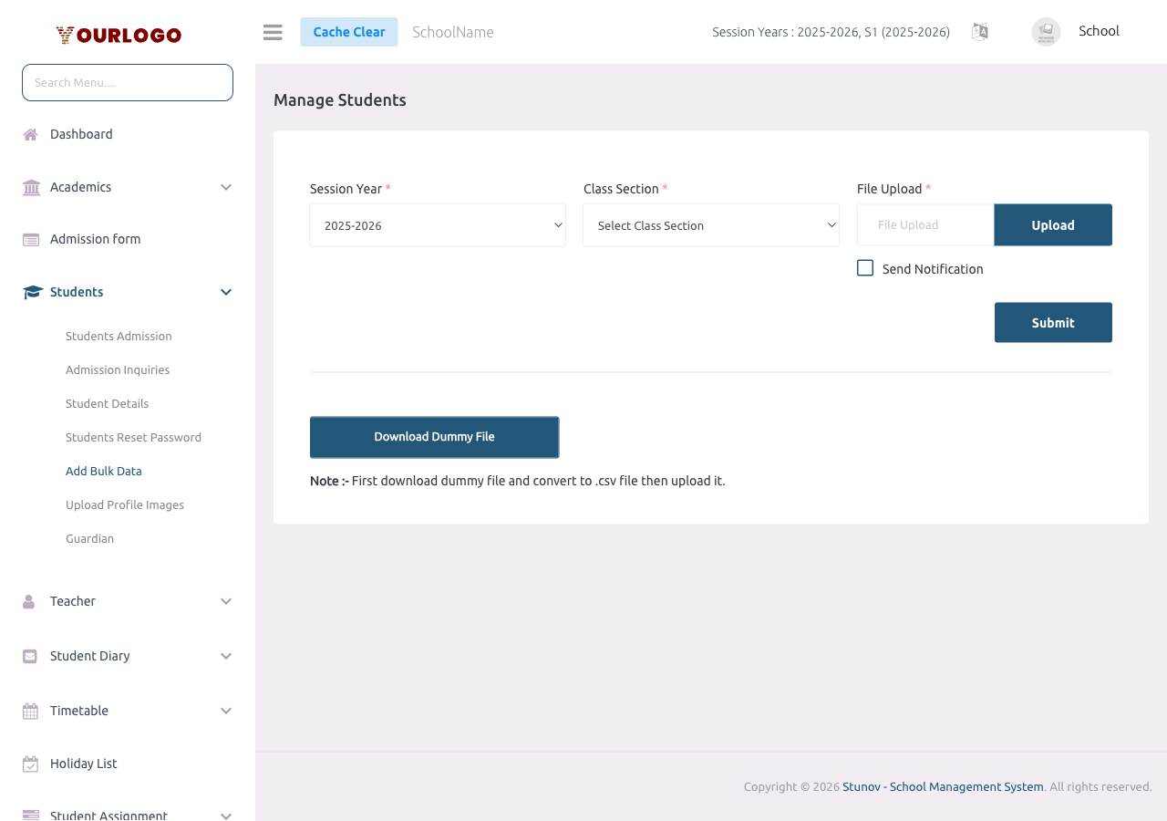 Add Bulk Data page showing session year, class section selectors and file upload