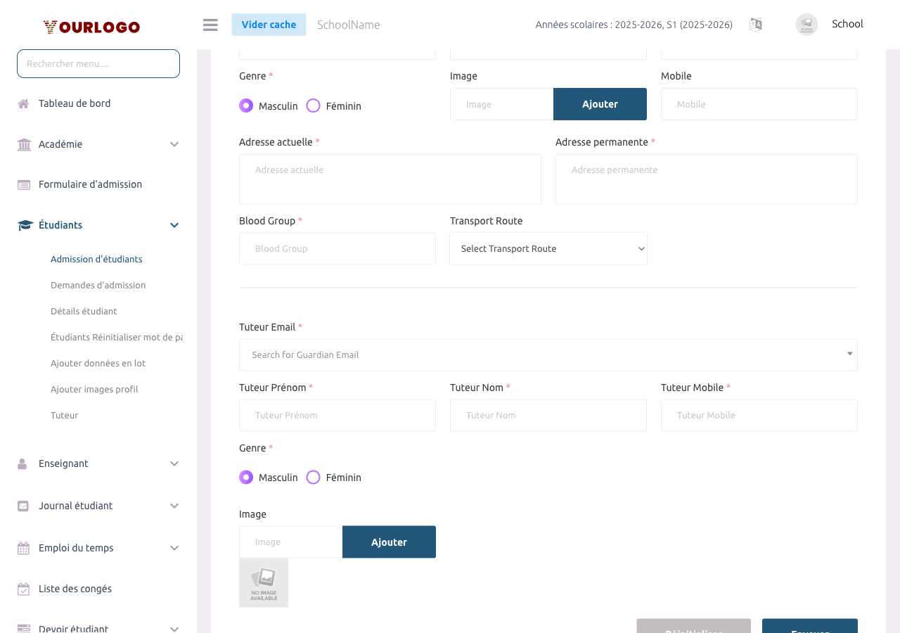 Section détails de l'élève du formulaire