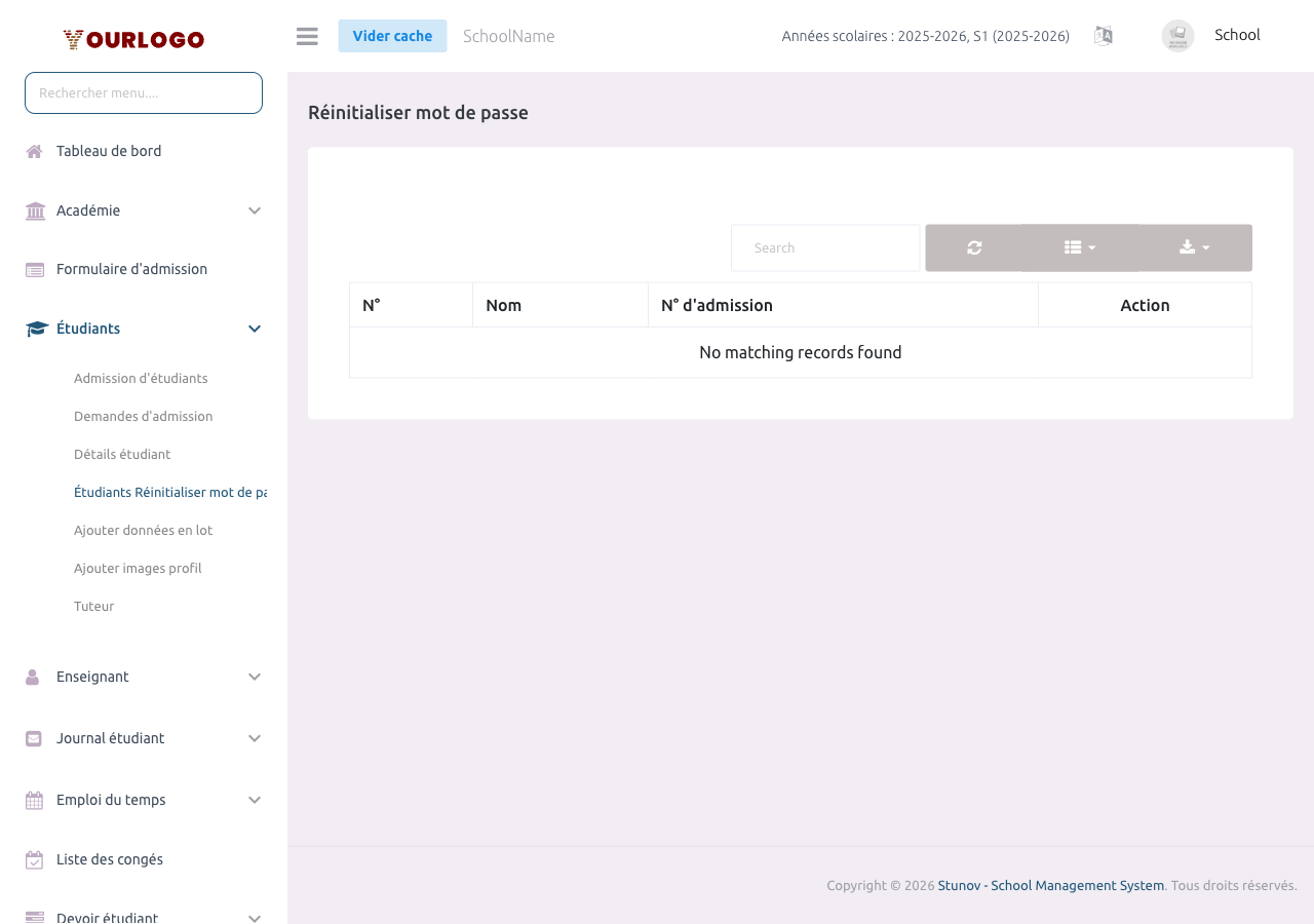 Filtres déroulants Classe et Section en haut de page