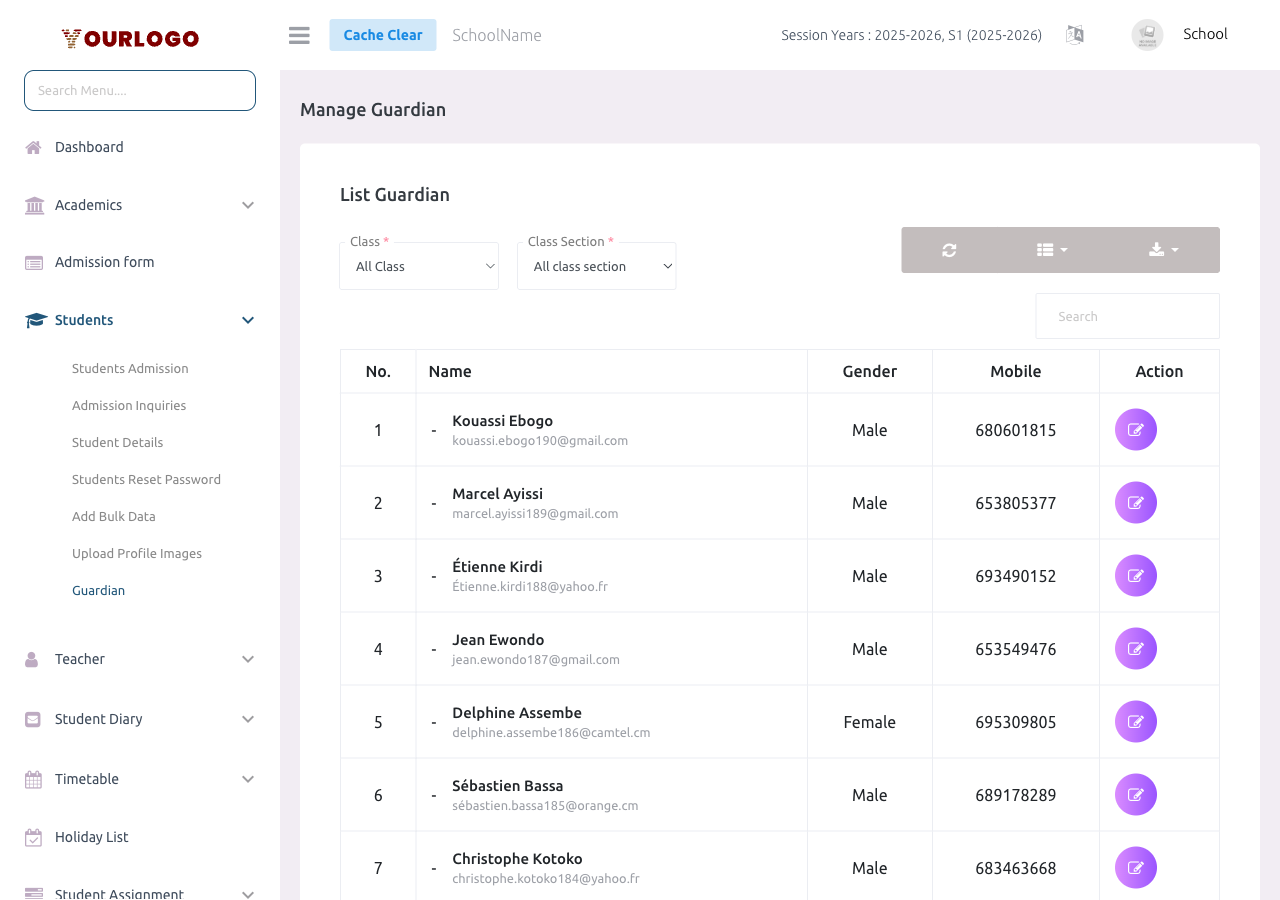 Guardian list page showing all guardian accounts with name, email, mobile, linked students, and action buttons