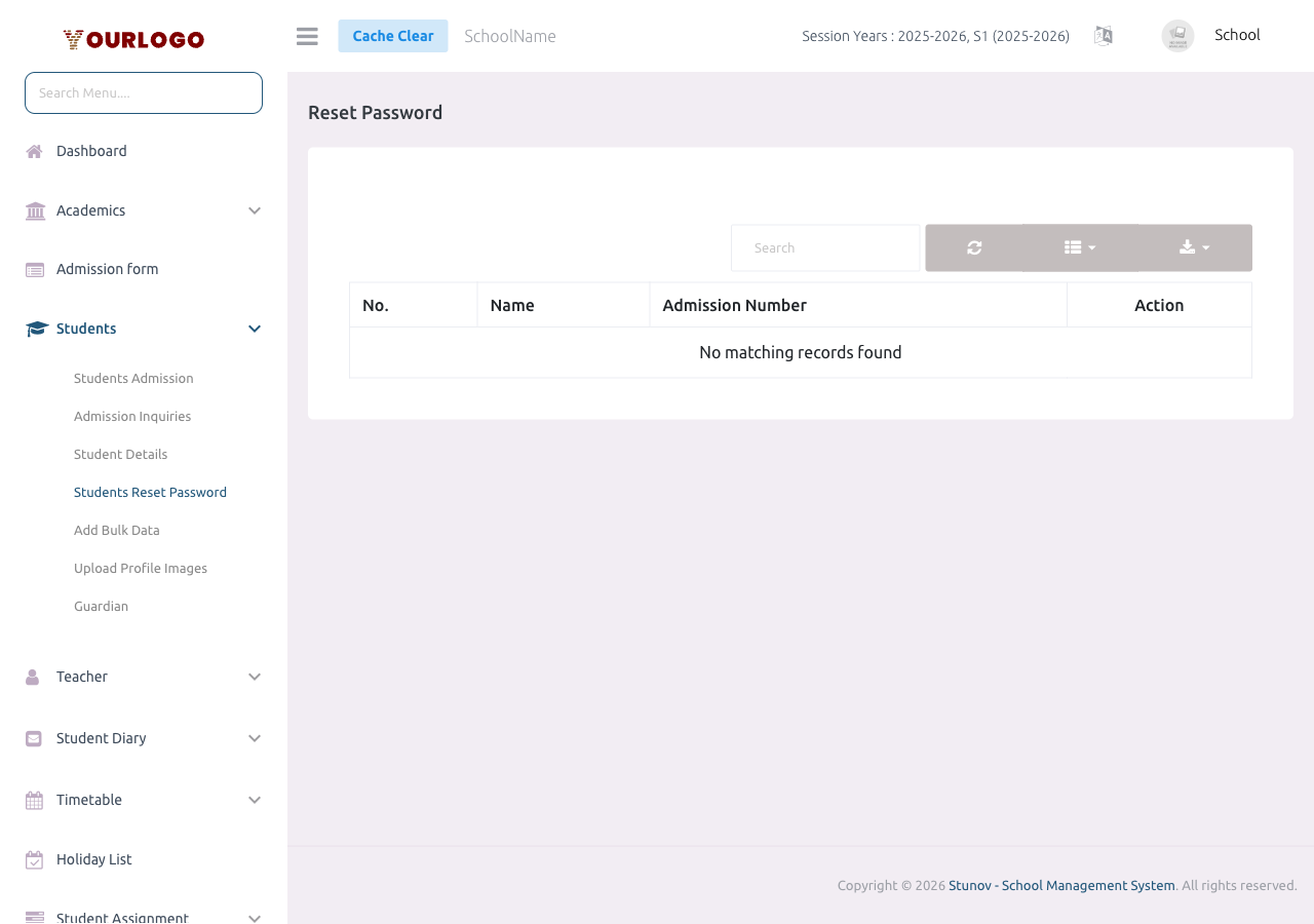 Class and Section dropdown filters at the top of the page