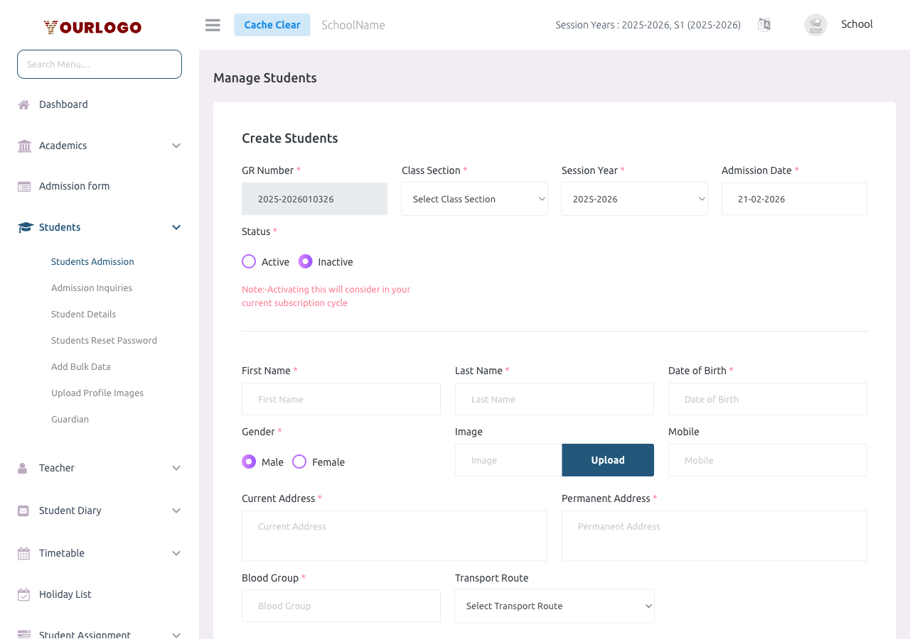 Student admission form showing student details, guardian details, and submit button