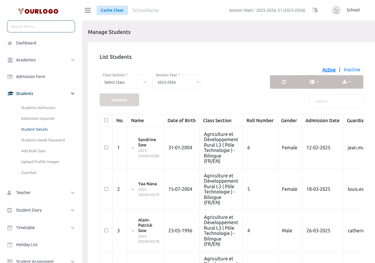 Filter bar with class, section, session year dropdowns and search box