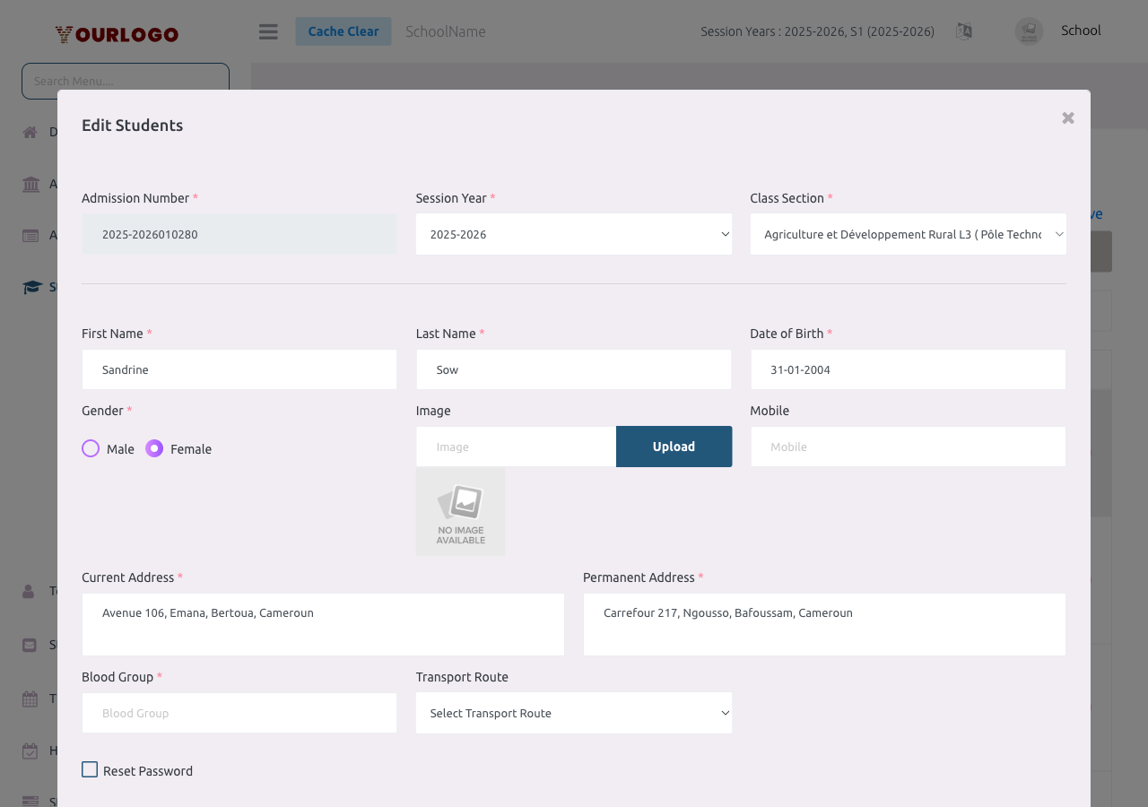 Student edit form with pre-filled fields