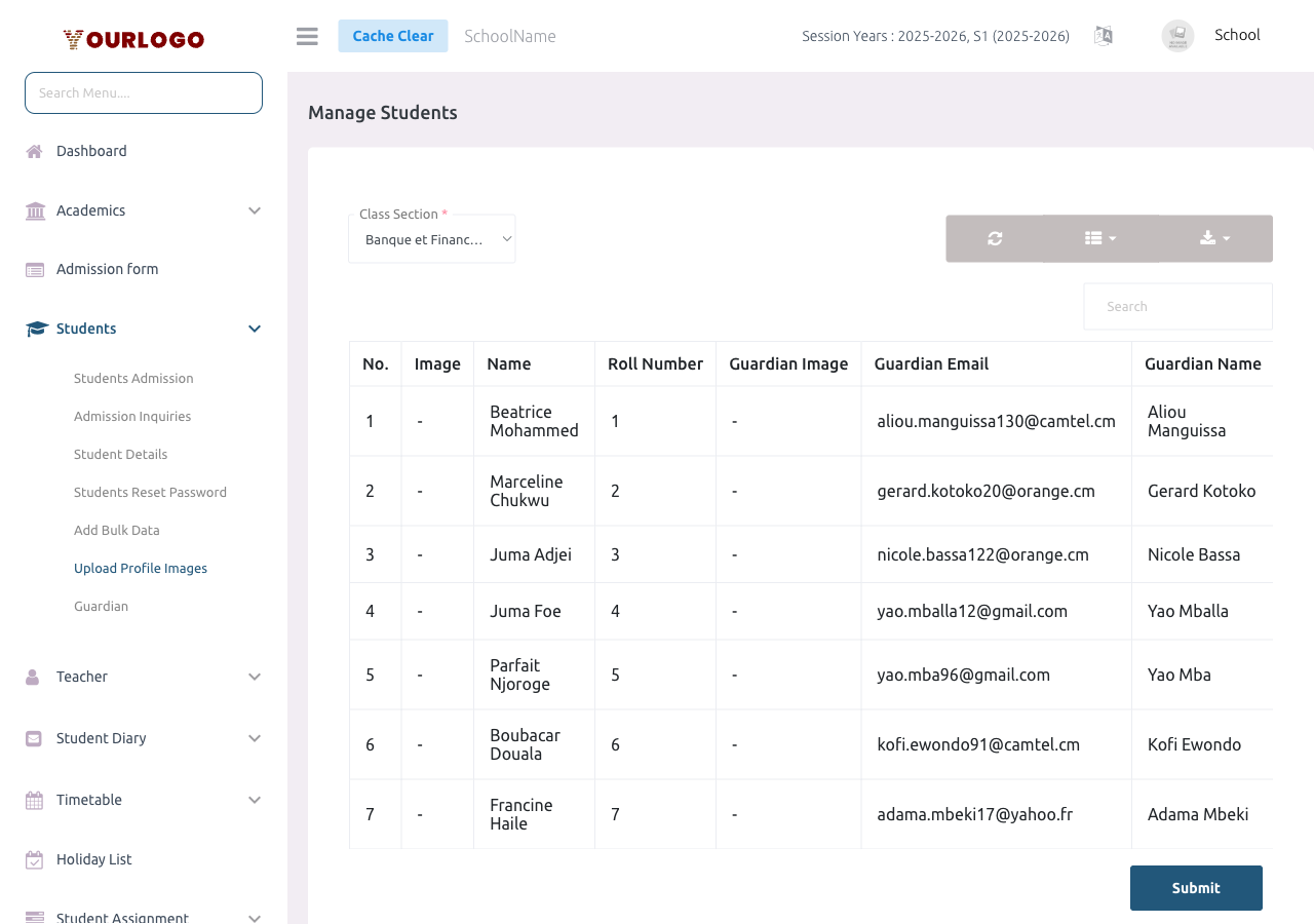 Upload Profile Images page showing class/section filter and student list with image upload fields