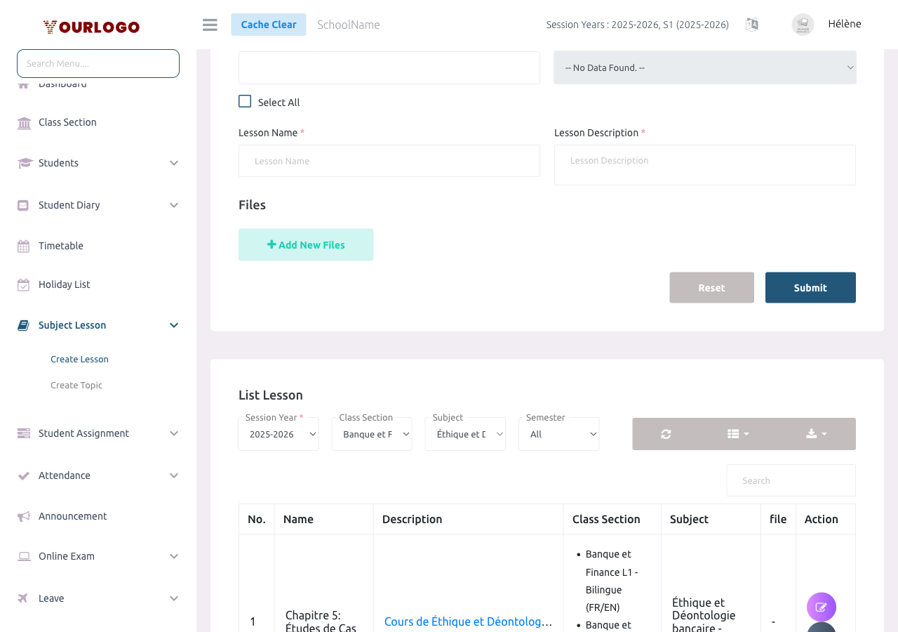 Lesson creation form with class section, subject, name, and description fields