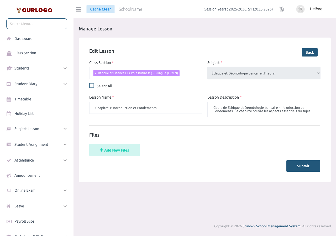 Lesson edit page showing pre-filled form with lesson name and description