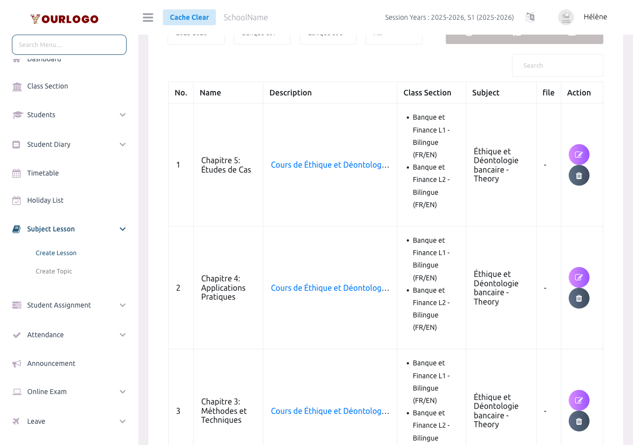 Lesson management page showing the list table with filter options and lesson data