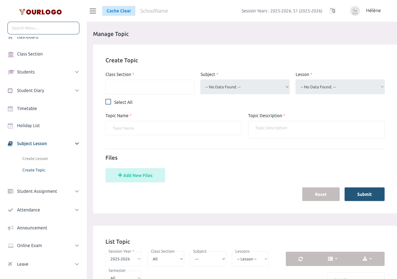 Topic creation form with class section, subject, lesson, name, and description fields