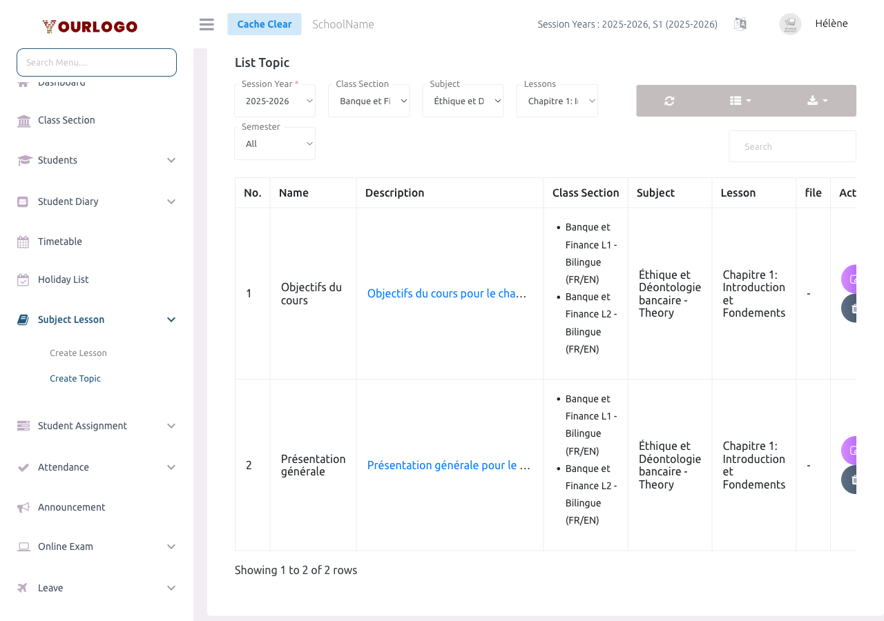 Topic management page showing the list table with filter options and topic data