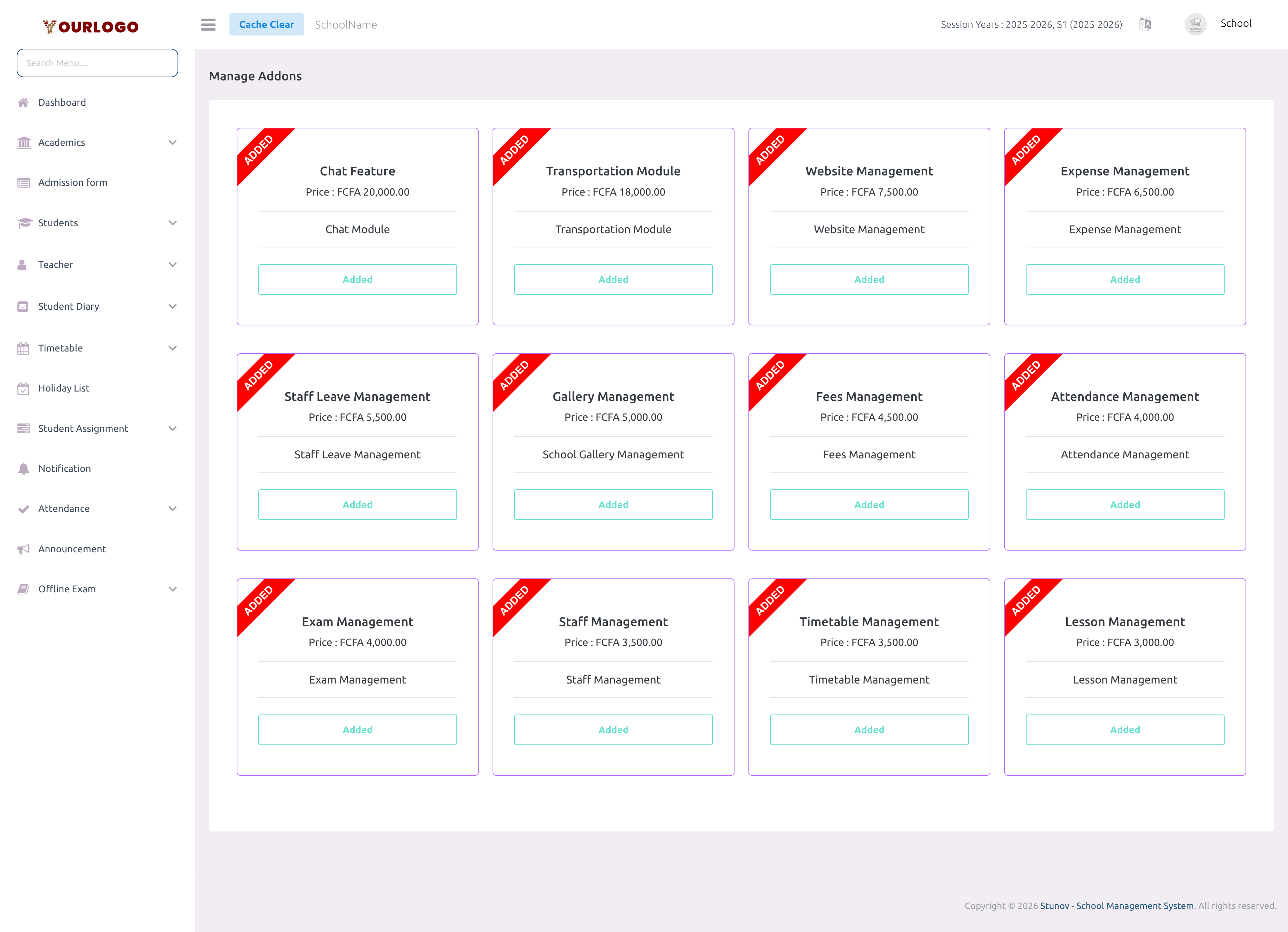 Addons page showing available addon packages
