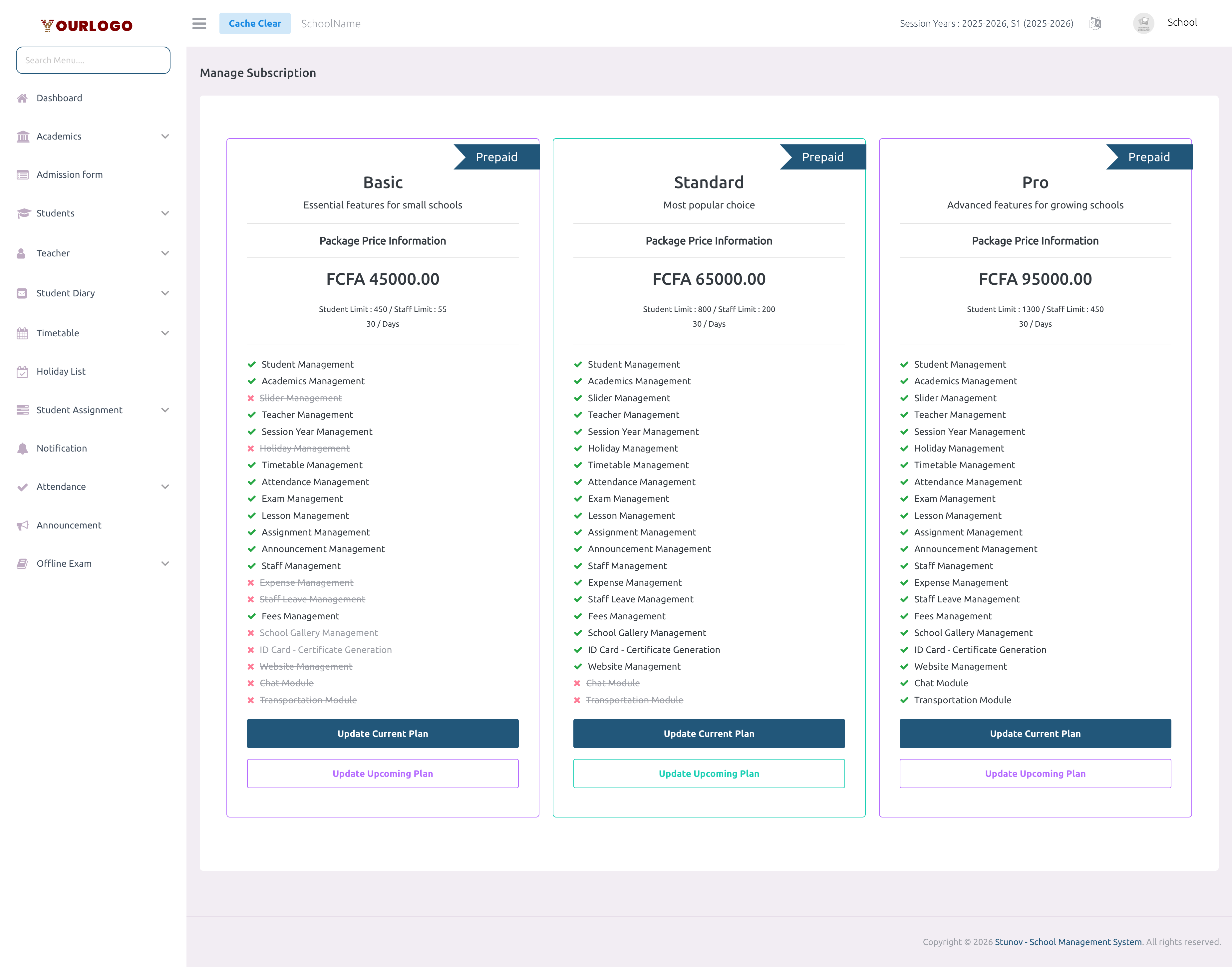 Subscription plans page showing available package pricing cards