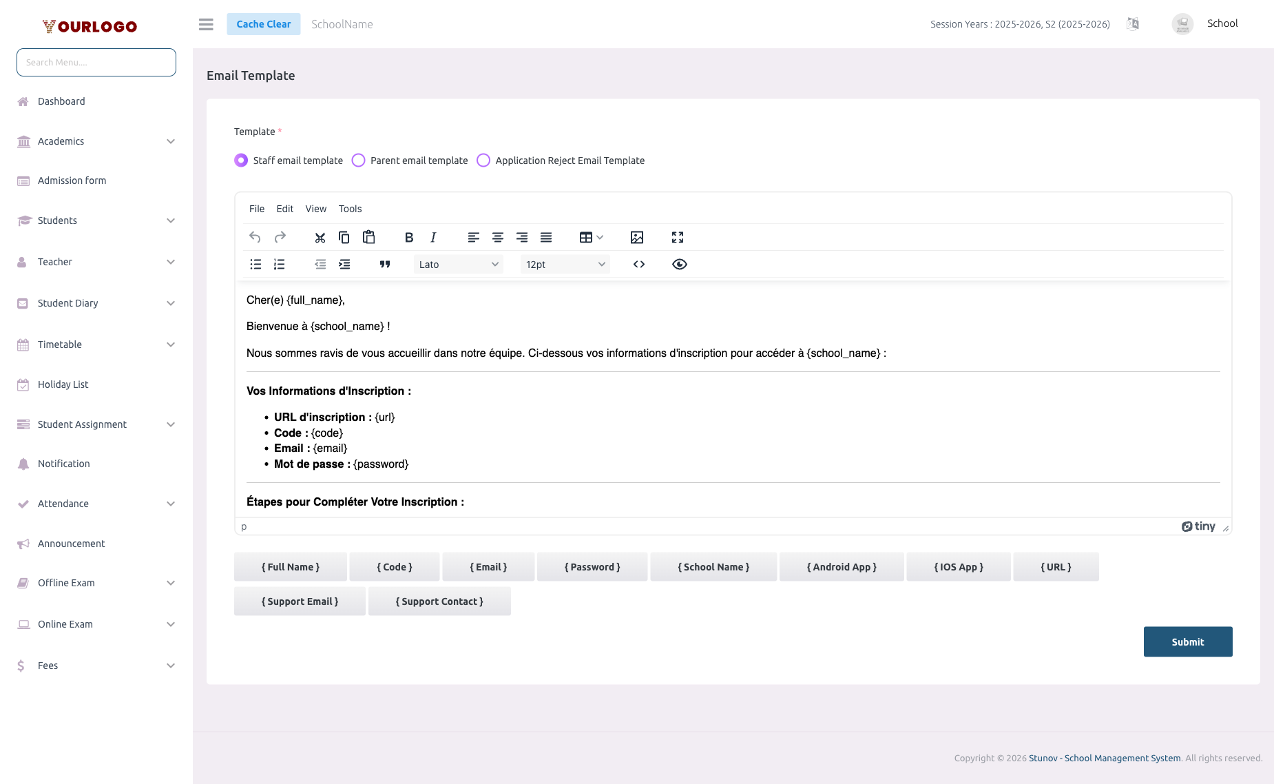 Email Template editor showing staff, parent, and rejection email templates with placeholders