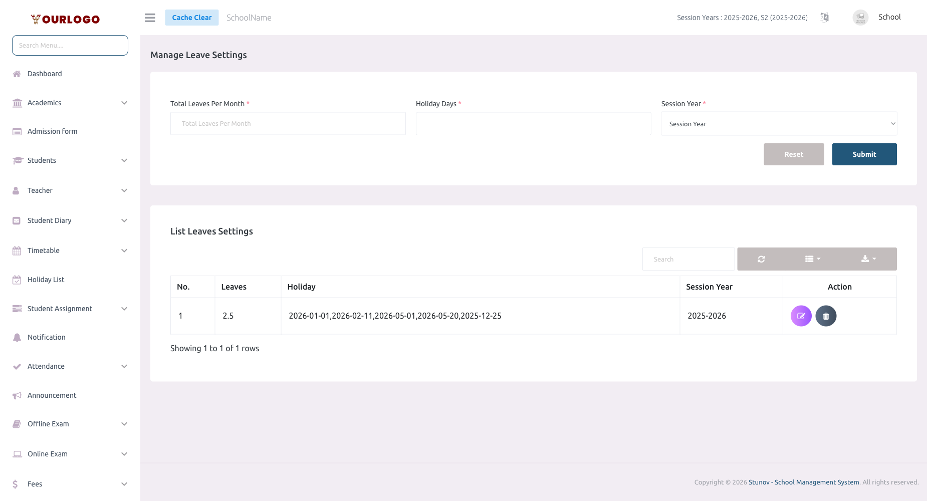 Leave Settings page showing monthly leave configuration and holiday day selection
