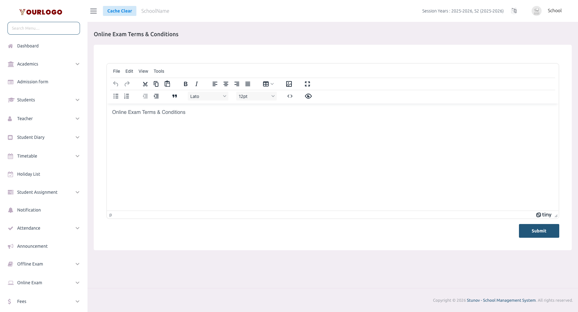 Online Exam Terms and Conditions editor with rich text content