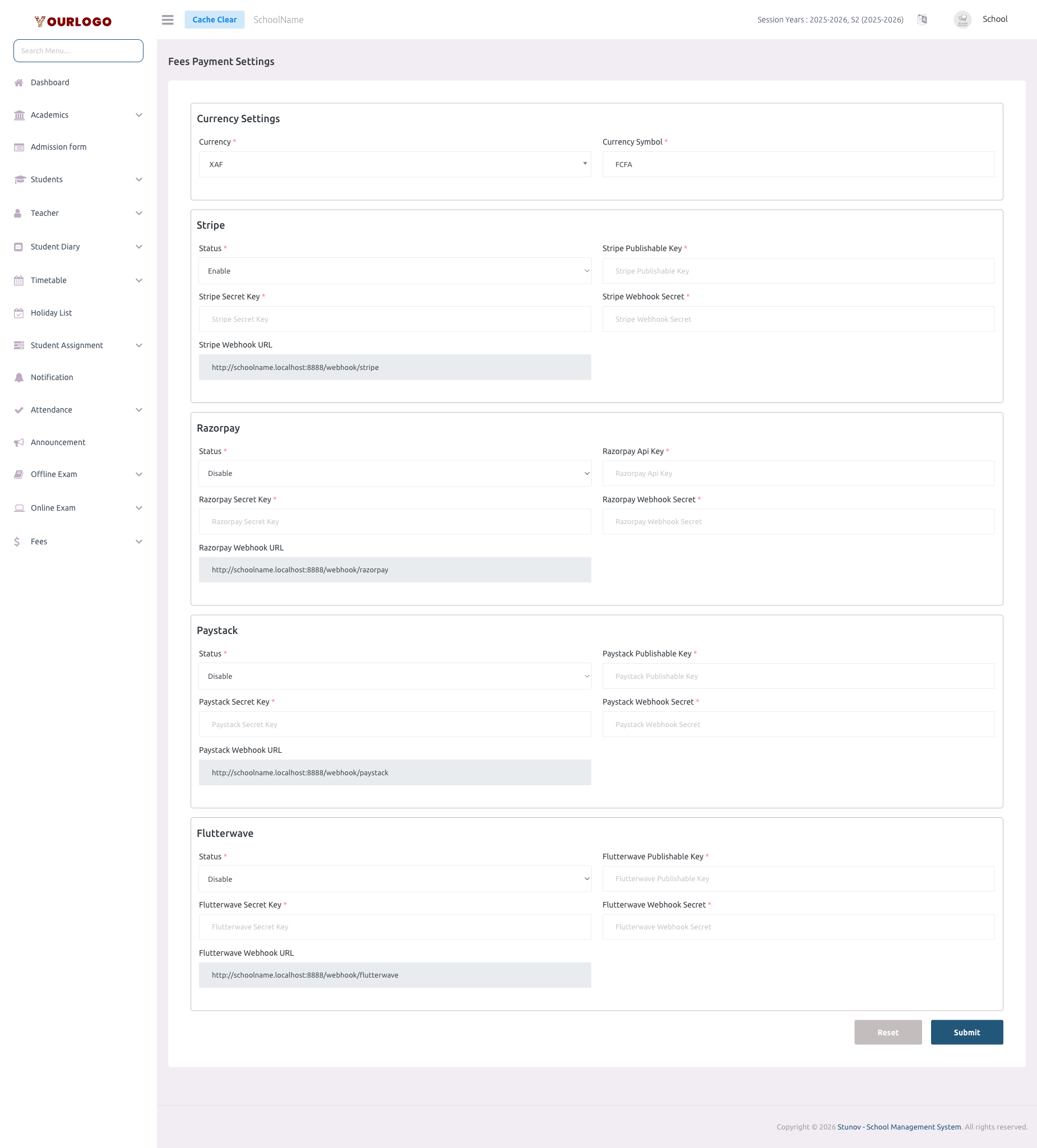 Payment Settings page showing currency configuration and payment gateway options