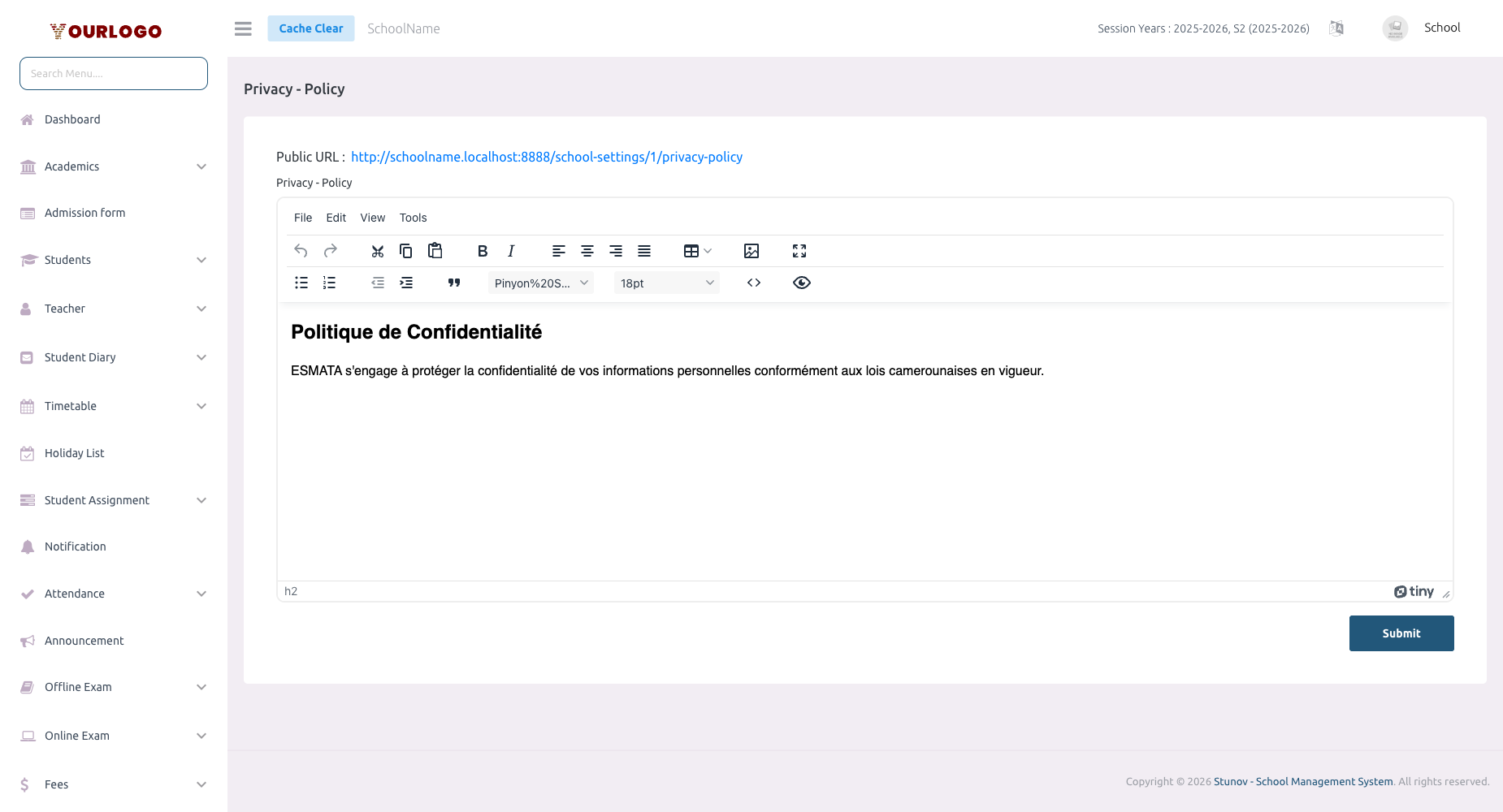Privacy Policy editor with rich text content